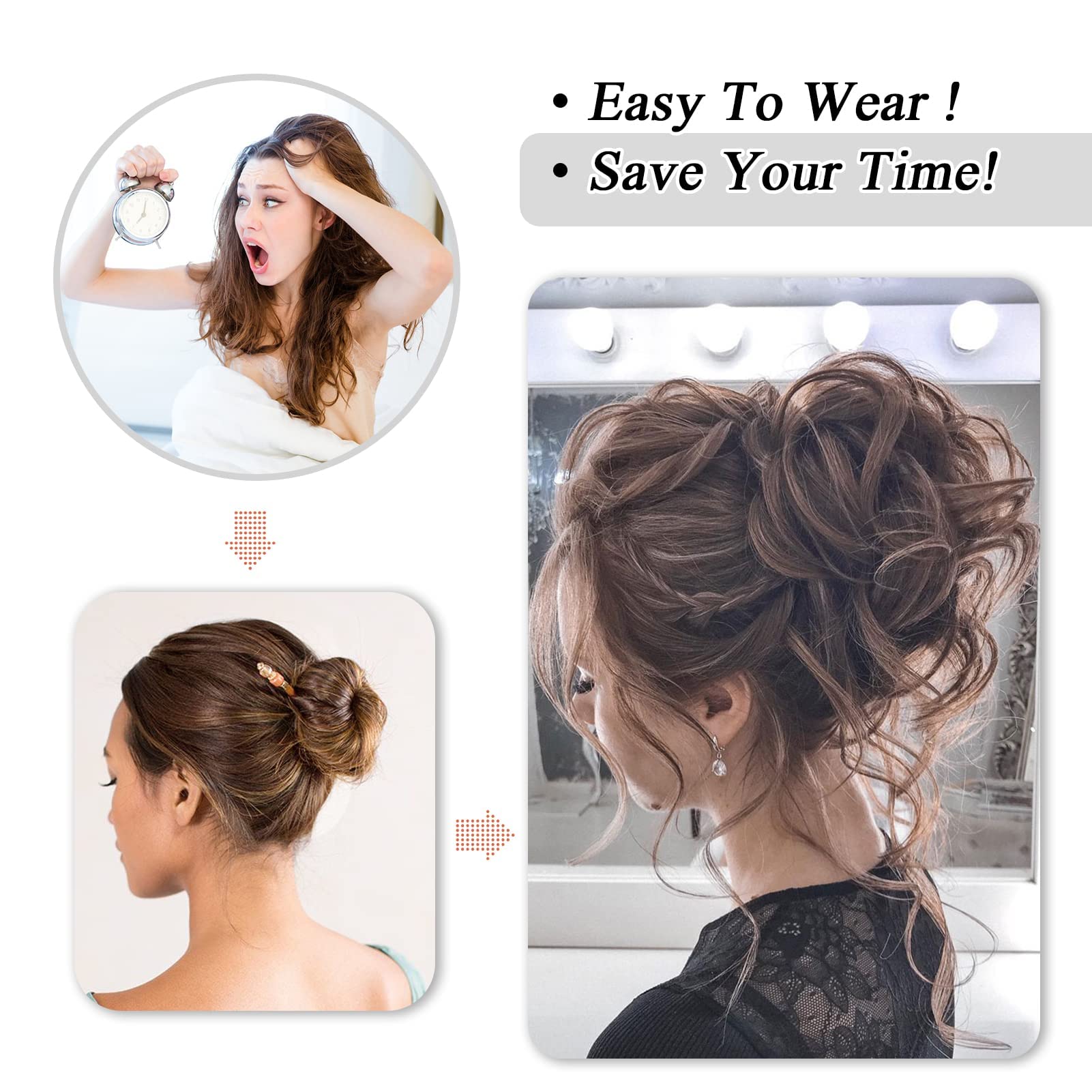 Earfodo Messy Bun Hair Extension for Women - Synthetic Hair Bun Ponytail Piece in Medium Golden Brown (8/27#) - Perfect for Daily Wear, Work, and Casual Outfits