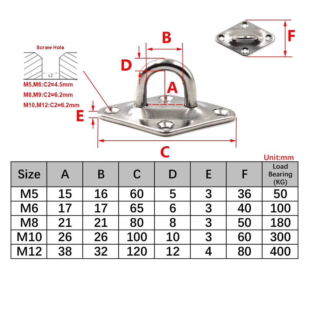 Stainless Steel M6 Ceiling Hook - Heavy Duty Wall Mount for Hanging (Pack of 6) - Garage & Garden Use