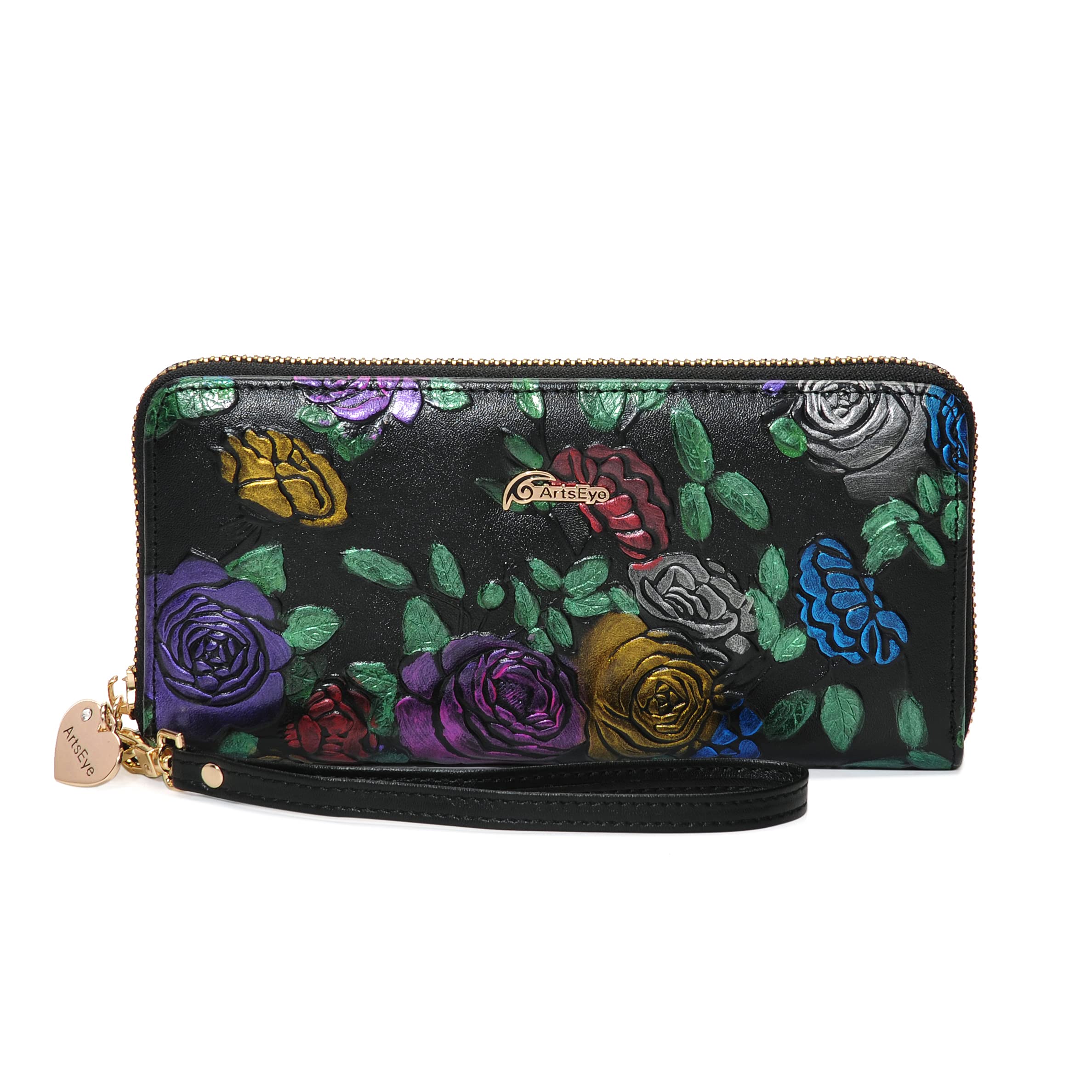 ArtsEye Rose Embossed Genuine Leather Long Zip Around Wallet for Women - Stylish RFID Blocking Bifold Wallet with Multiple Card Slots (Black) | Perfect for Everyday Use, Travel & Gift Giving