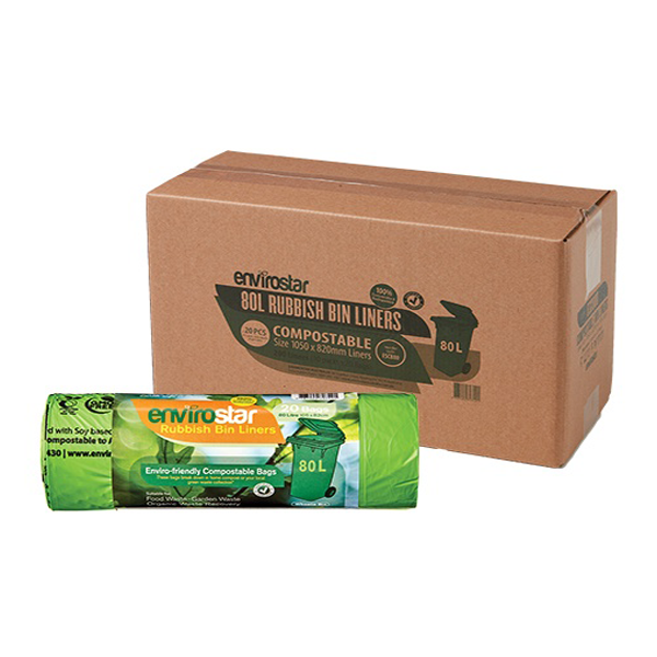 Eco-Friendly Envirostar 80L Compostable Trash Bags - 23 Micron Thick, Biodegradable Kitchen & Yard Waste Bags for Sustainable Home & Garden Use