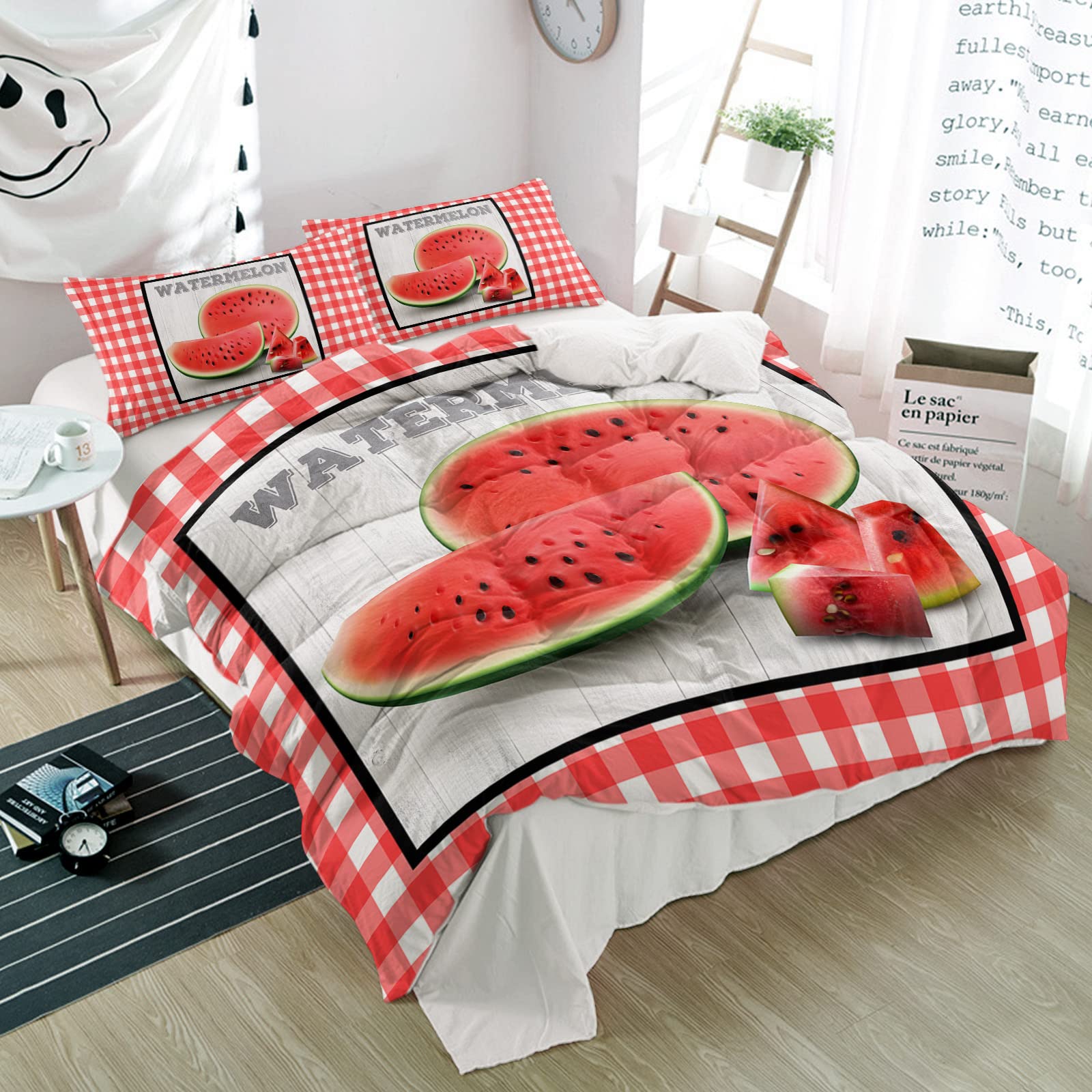 3-Piece Duvet Cover Set - Summer Red Watermelon Buffalo Plaid, Super Soft & Breathable Bedding Sheets - Twin Size, Machine Washable Quilt Cover with Pillowcases | Perfect for Farmhouse, Vintage & Summer Themed Bedrooms