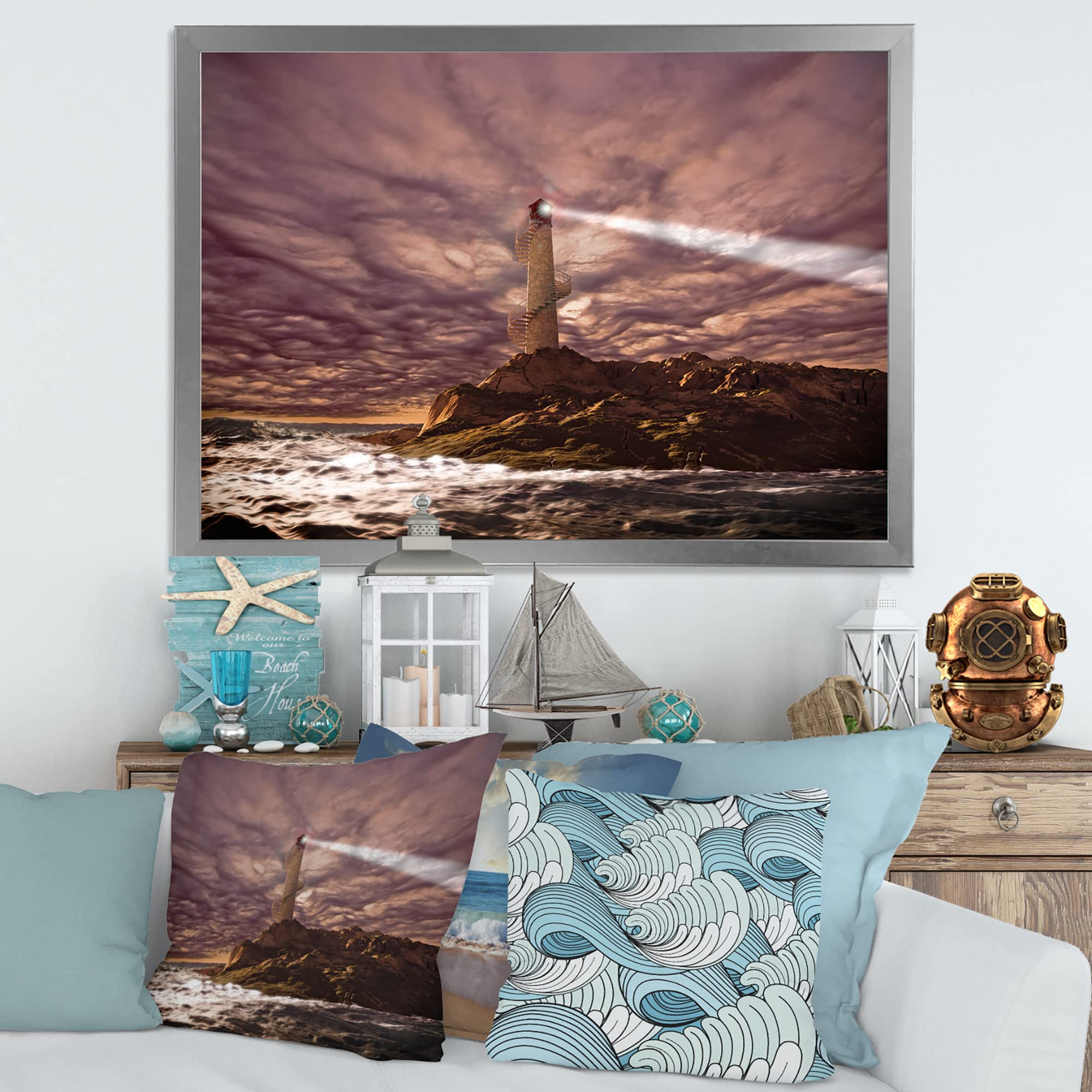 Nautical Lighthouse Wall Art - Coastal Framed Decor for Stormy Night Ambiance | Perfect for Beach House, Living Room & Office Decor