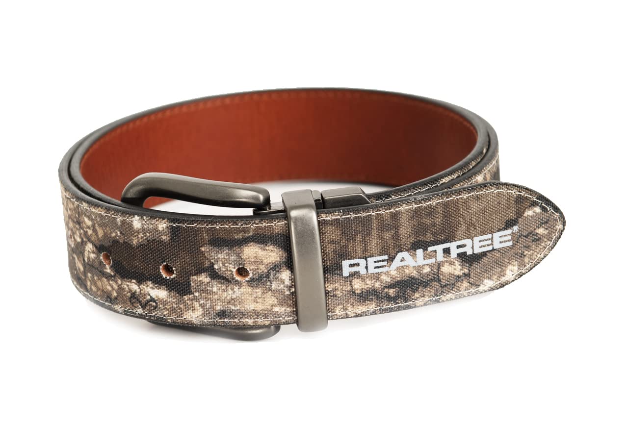 Realtree Timber Camo Hunting Reversible Leather Brass Belt for Men - Durable & Adjustable Outdoor Gear for Hunting, Hiking & Casual Wear