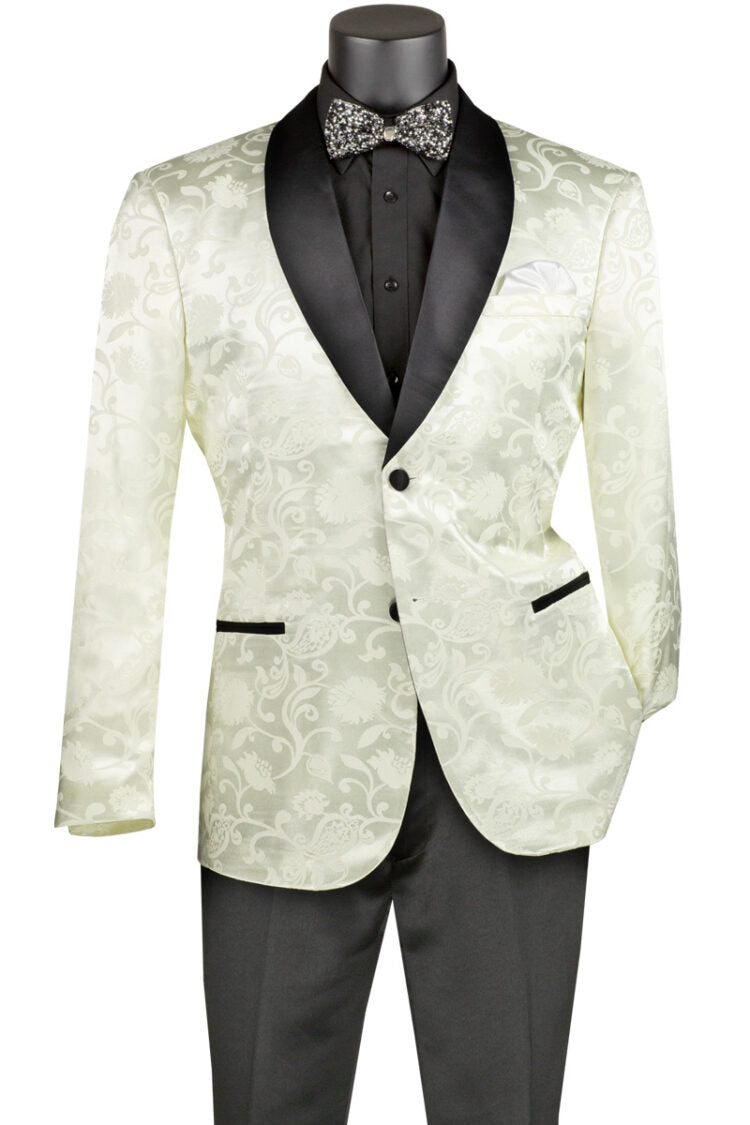 Slim Fit Silky Jacquard Fabric Men's Sport Coat - Single Breasted 2 Button Blazer with Bow Tie in Ivory | Formal Business Attire, Wedding Suit, Office Wear & Special Occasion Outfit