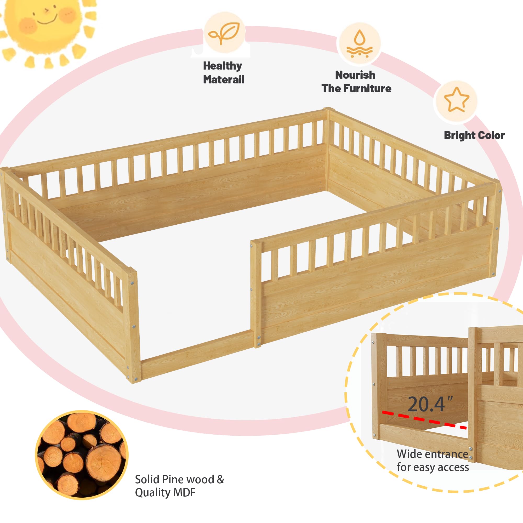 Montessori Floor Bed for Kids - Full Size Wooden Playhouse Bed with High Safety Railings for Toddlers, Boys & Girls - Natural Finish - Perfect for Montessori Rooms, Playrooms & Safe Sleep Spaces