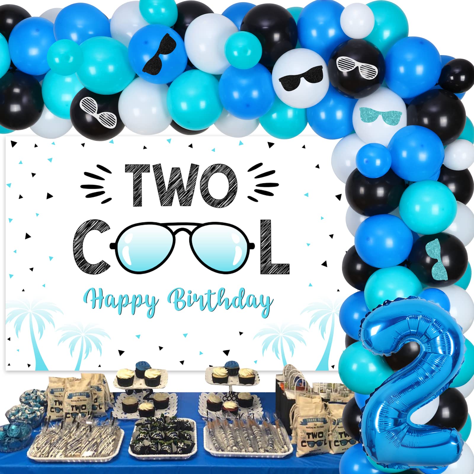 Two Cool 2nd Birthday Party Decorations for Boys - Balloon Garland Kit, Sunglasses Theme Backdrop & Number 2 Foil Balloons | Perfect for Toddler Birthday Celebrations, Photo Booth Backdrops and Themed Party Decor