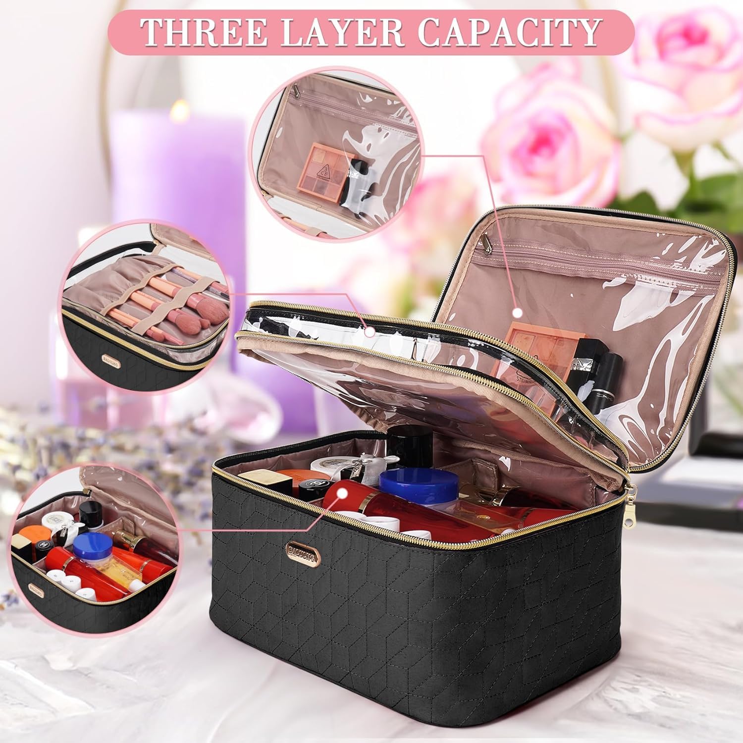 Large Travel Makeup Bag for Women - Double Layer Cosmetic Organizer with Brush Holder & Toiletry Essentials | Perfect for Vacation, Gym, Business Trips & Daily Use