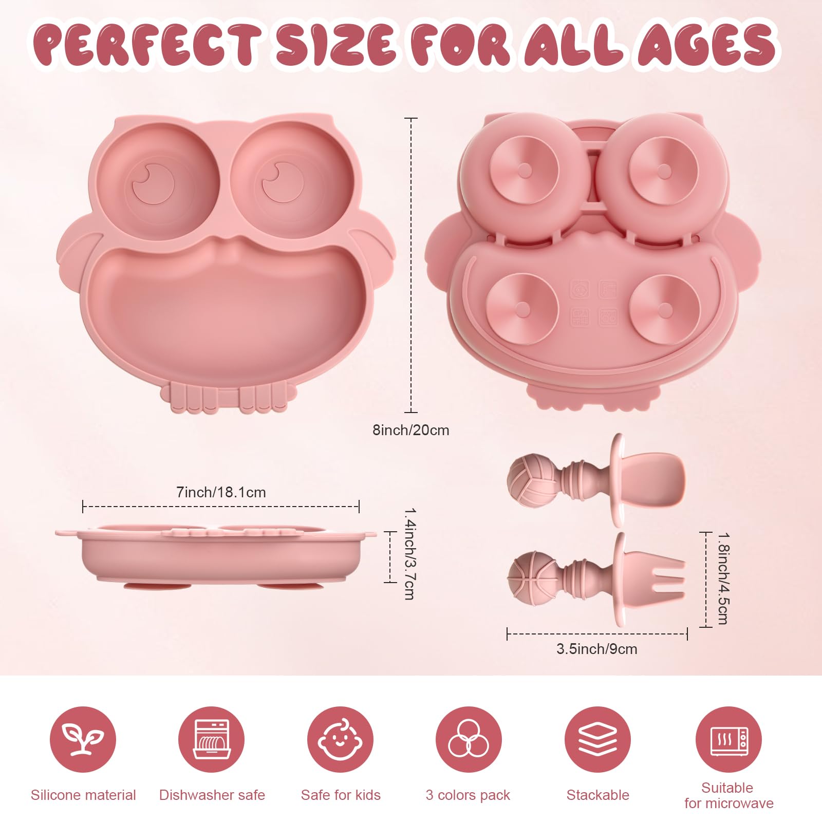 3-Pack Silicone Baby Plates with Spoon & Fork - Owl-Shaped Divided Toddler Dish Set, Microwave & Dishwasher Safe - Beige, Dark Pink, Light Pink - Perfect for Baby-Led Weaning, Mess-Free Mealtime & Travel Feeding
