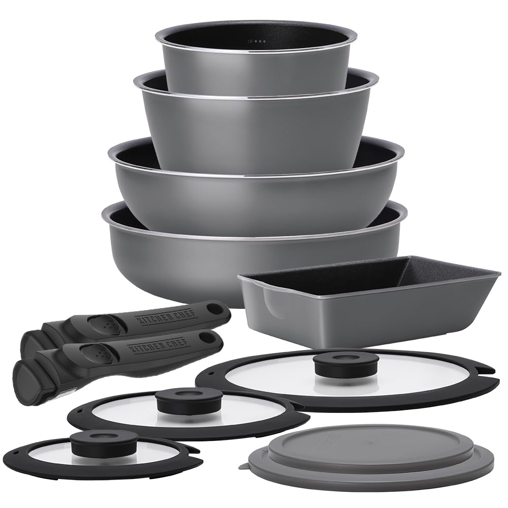 Iris Ohyama DCGS12S 12-Piece Nonstick Diamond Coat Frying Pan & Pot Set with Graduation Marks - Deep Type Cookware for Gas Stoves - Royal Gray - Perfect for Home Cooking, Frying, Stewing & Baking