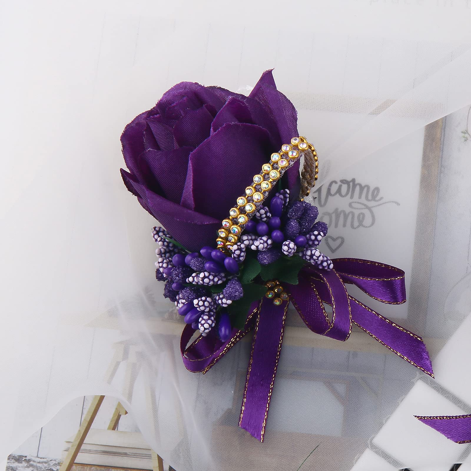Elegant Purple Rose Wrist Corsage 4 Packs - Wedding Bridesmaid Flower Wristband for Bride, Prom, Party & Special Occasions | Perfect for Ceremonies, Dances, and Formal Events (4-Pack, Purple Rose Wrist Flowers)