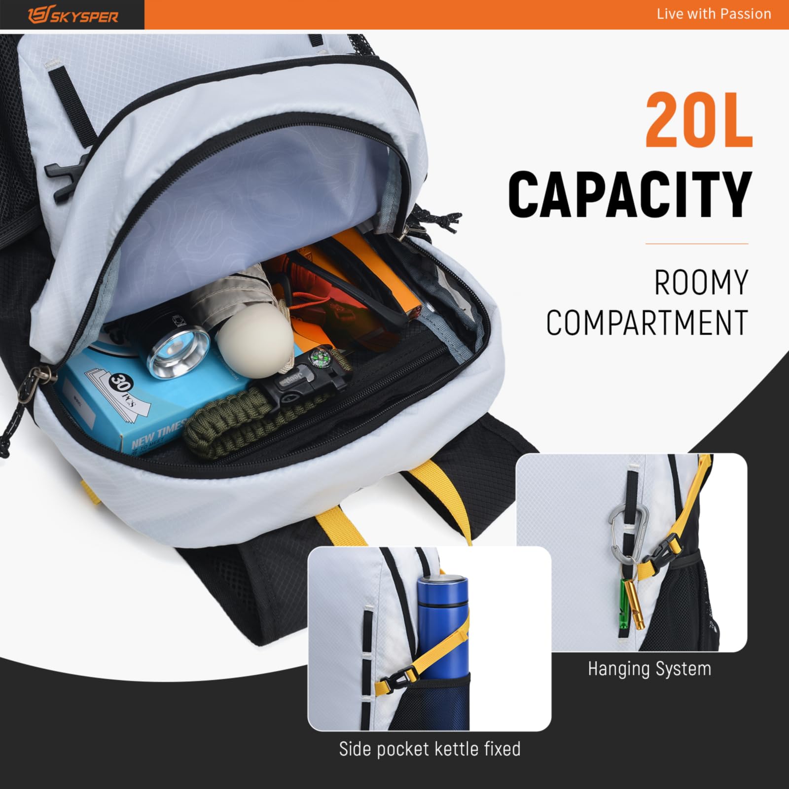 SKYSPER 20L Lightweight Hiking Backpack - Water Resistant Packable Travel Backpack for Women & Men, Perfect for Day Hikes, Camping & Outdoor Adventures (Black/White)