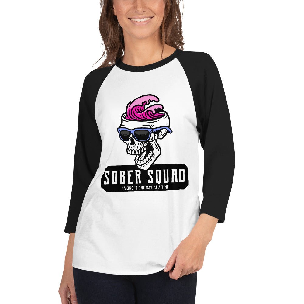 Sober Squad 3/4 Sleeve Raglan T-Shirt with Skull Wave Print - Comfortable Baseball Tee for Casual Wear, Gym & Street Fashion
