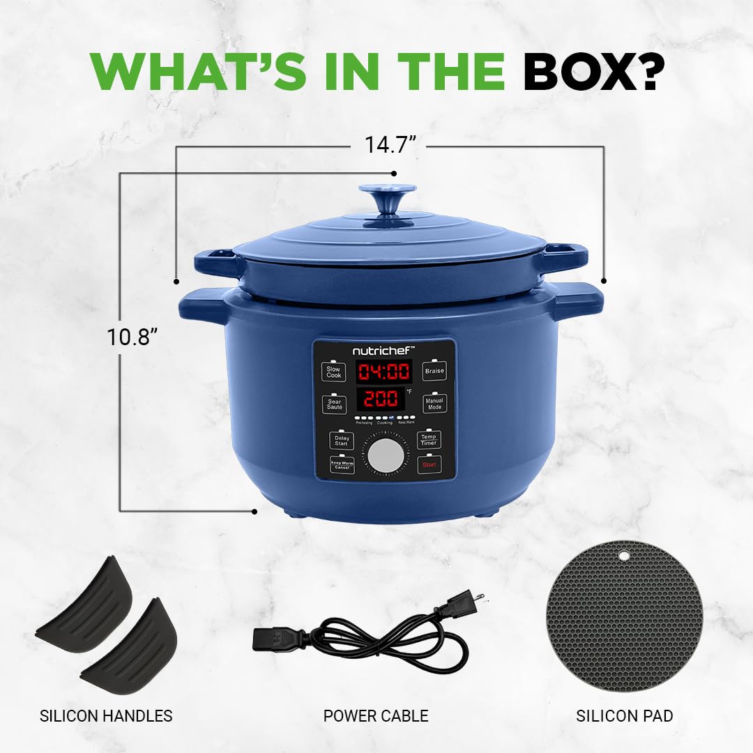 6 Quart Electric Dutch Oven - 1500W 5-in-1 Enamel Coated Cast Iron Pot with Stainless Steel Lid | Precise Temperature Control for Slow Cooking, Braising & Baking | Includes 2 Silicone Pot Holders & Heat Resistant Pad | Perfect for Soups, Stews & Family Meals (Blue)
