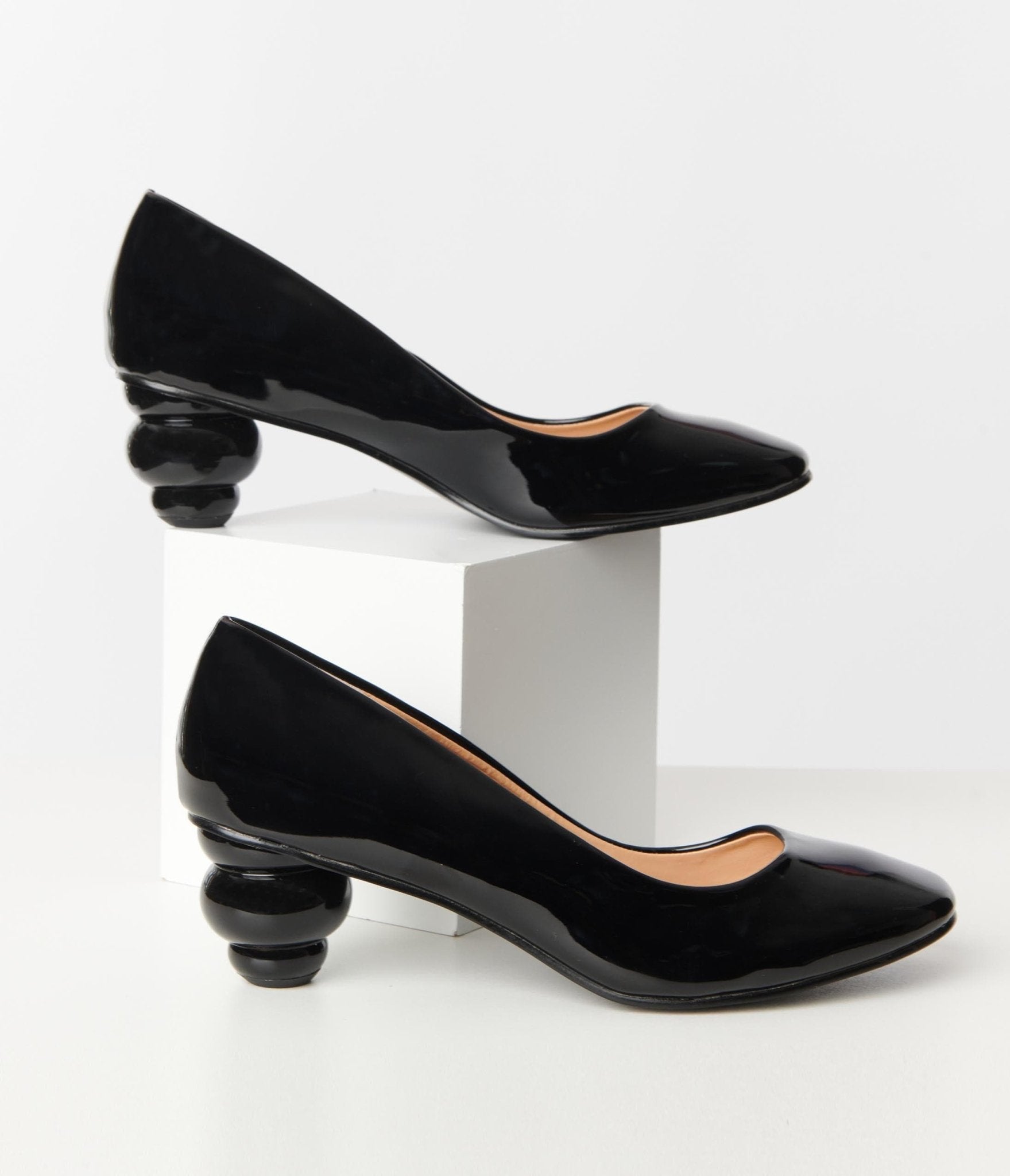 Vintage Black Patent Leatherette Ball Heel Pumps - Women's Classic Pointed Toe Dress Shoes for Party, Wedding & Office Wear