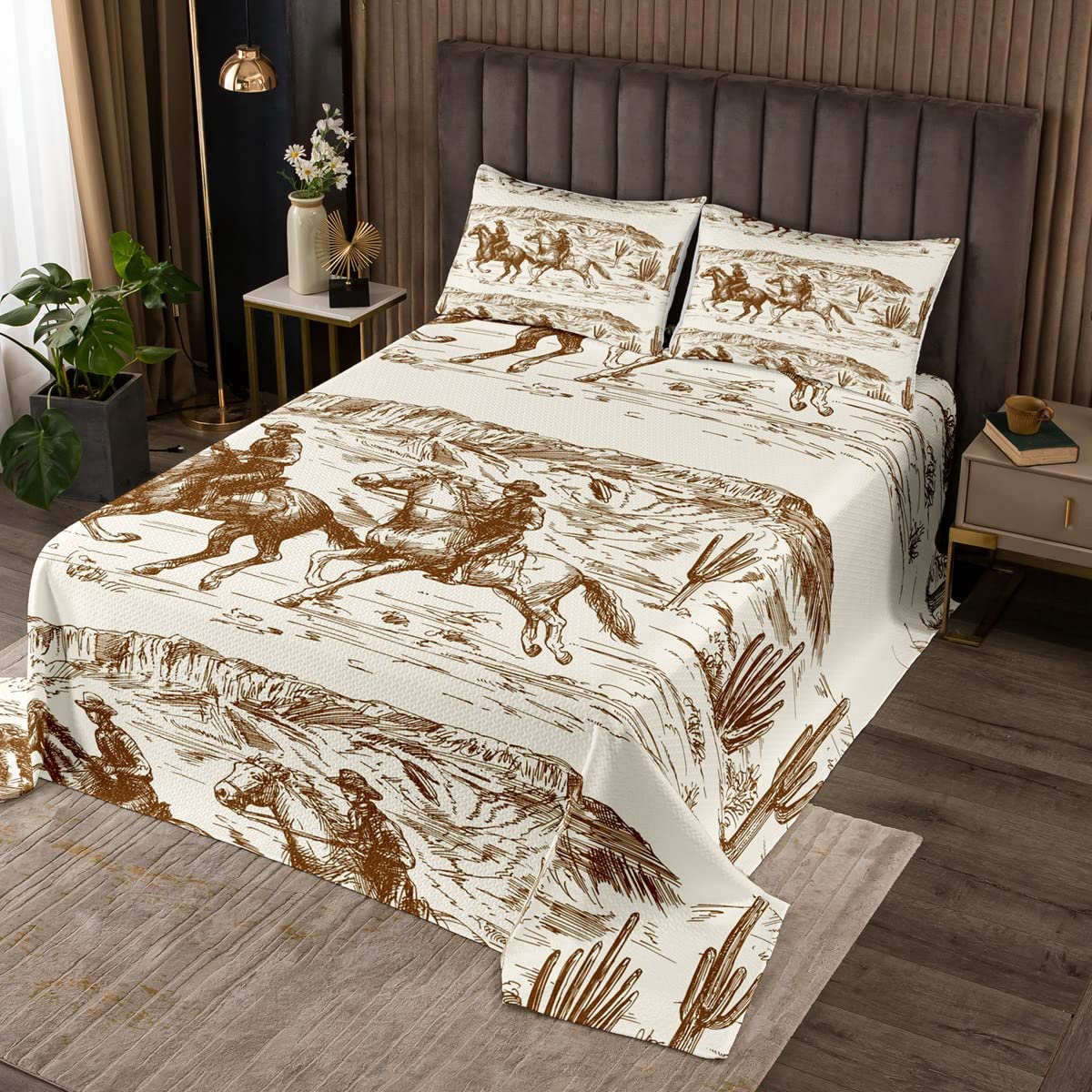 Western Cowboy Twin Size Quilt Set - Hand Drawn Wild West Desert Illustration, Country Themed Bedspread for Boys, Men & Teens | Perfect for Ranch, Cabin & Southwestern Bedroom Decor