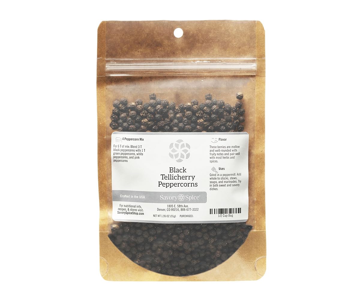 Premium Black Tellicherry Peppercorns - Whole Peppercorns for Grinder Refill, 8.4oz (2 Cups) - Gourmet Spice for Cooking, Steak Seasoning & Homemade Spice Blends