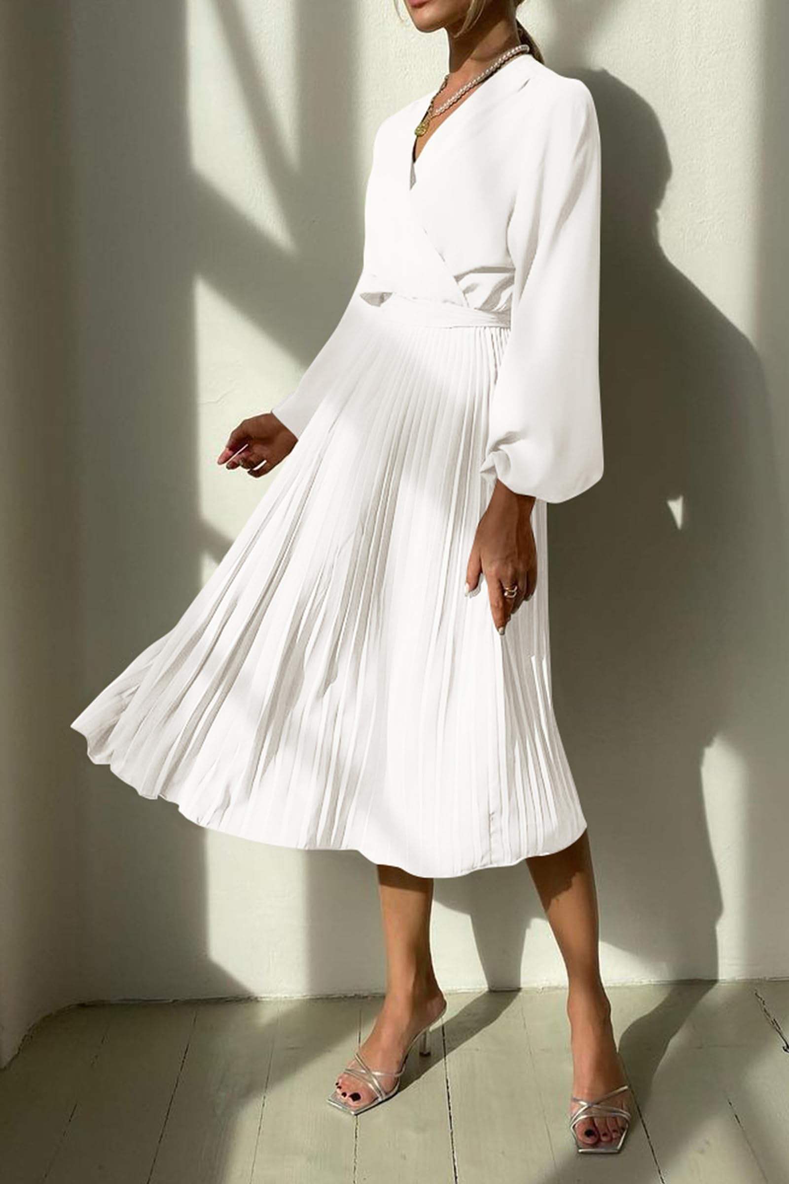 PRETTYGARDEN Women's Spring & Fall Midi Dress with Long Puff Sleeves, Wrap V-Neck, Flowy Ruffle Pleated Design - Perfect for Casual Outings, Date Nights & Office Wear