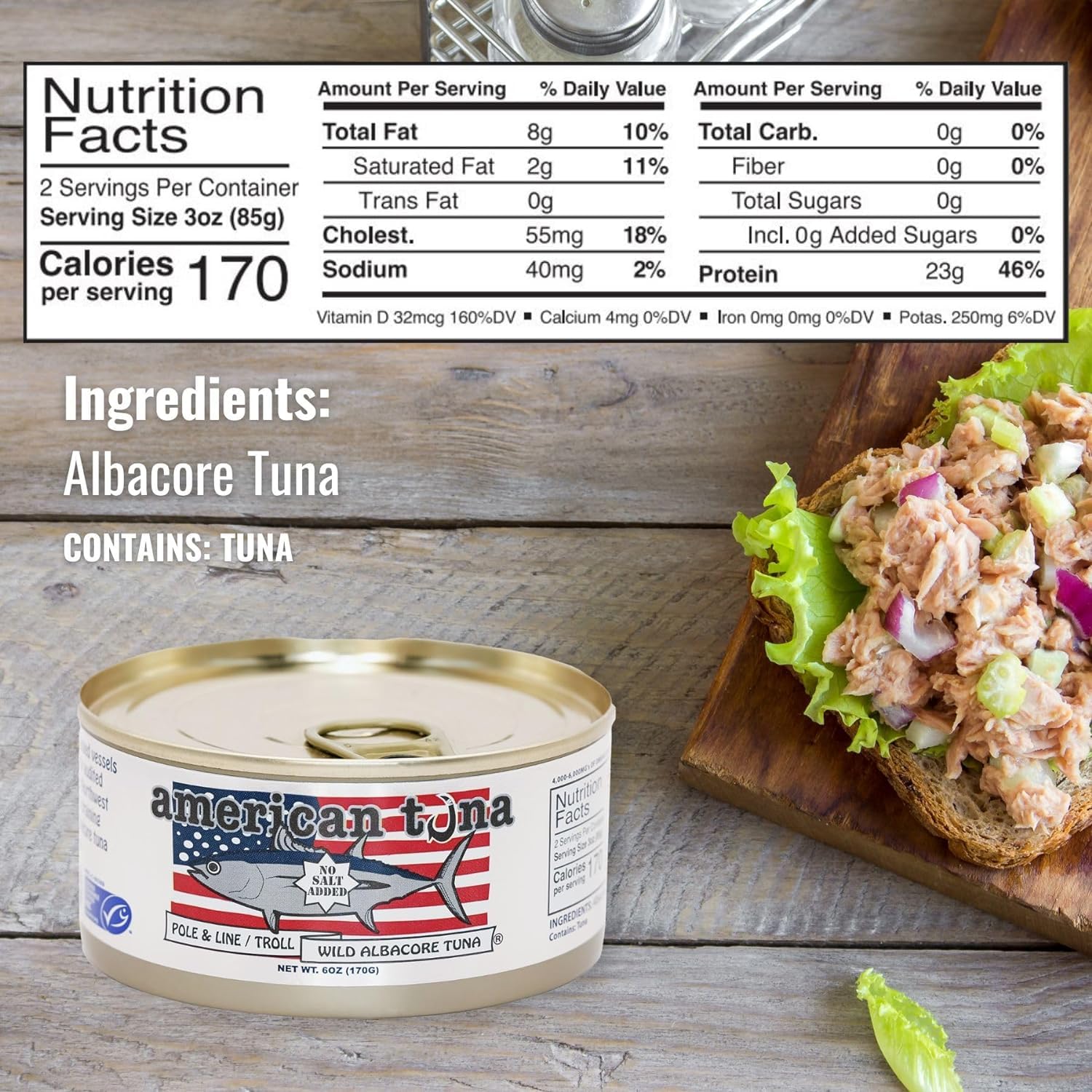Wild Albacore Tuna - No Salt Added, MSC Certified, Pole & Line Caught | 6-Pack 6oz Cans | Premium Canned Tuna for Salads, Sandwiches & Keto Diet | High Protein, Low Mercury, Sustainable Seafood