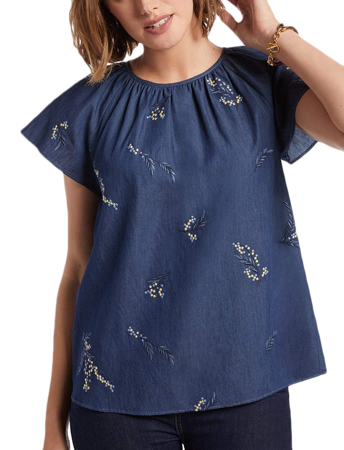 Draper James TOD0280 Embroidered Chambray Swing Top for Women - Dark Wash Denim Shirt Blouse (Small) | Casual Summer Outfit, Date Night, Office Wear
