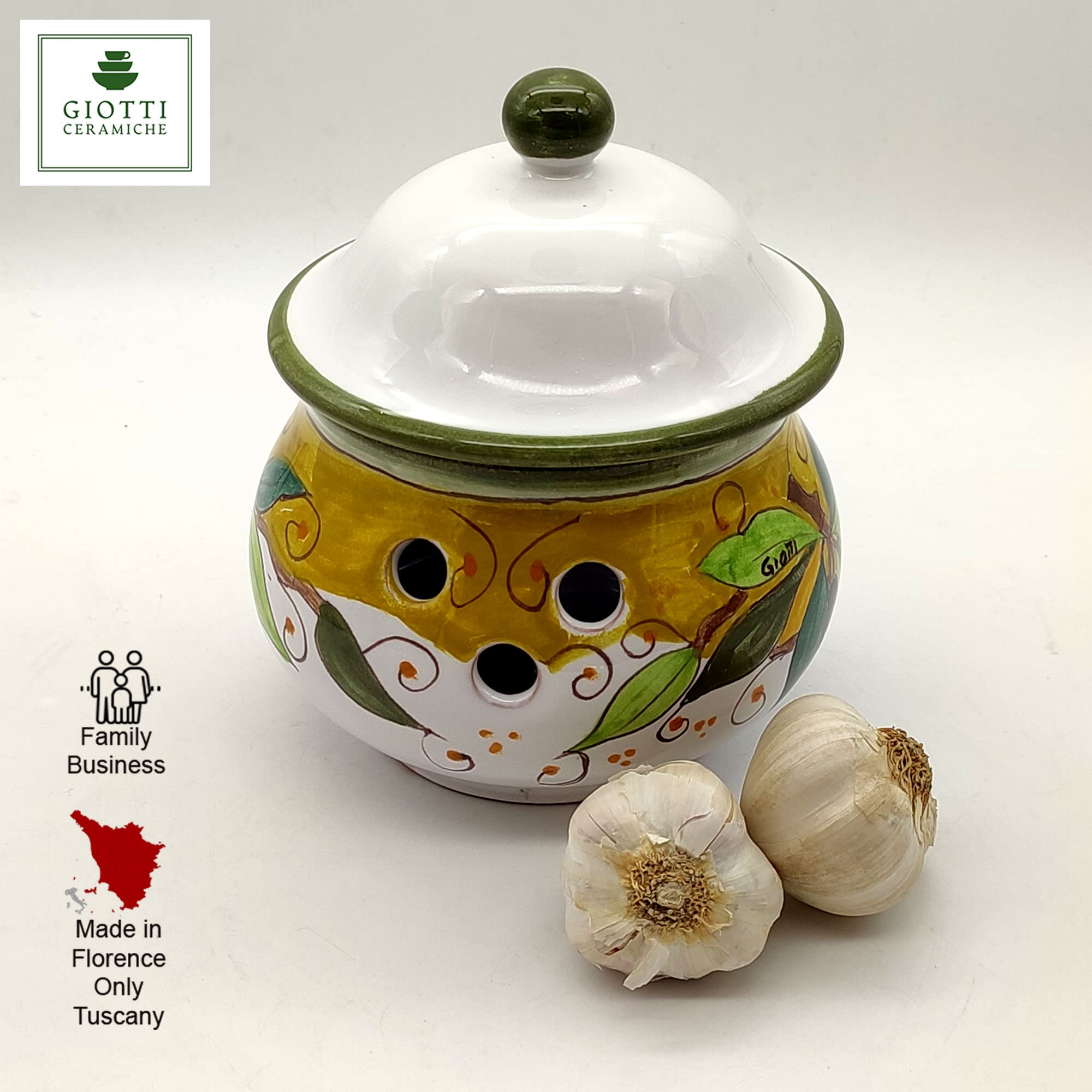Hand Painted Italian Ceramic Garlic Keeper with Lid - Tuscan Kitchen Storage Jar for Garlic, Tea, Coffee & Spices - Authentic Italian Pottery Home Decor - Perfect for Farmhouse, Rustic & Mediterranean Style Kitchens