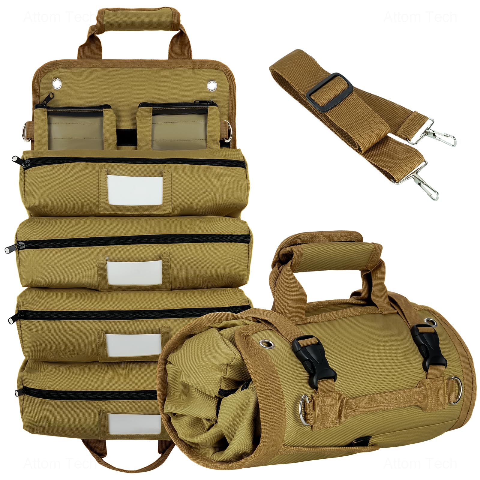 Tomorotec Heavy Duty Roll Up Tool Bag Organizer with 2 Detachable Pouches - Labeled Compartments & Expandable Pockets for Compact Tool Storage - Perfect for Electricians, Mechanics & DIY Home Improvement Projects