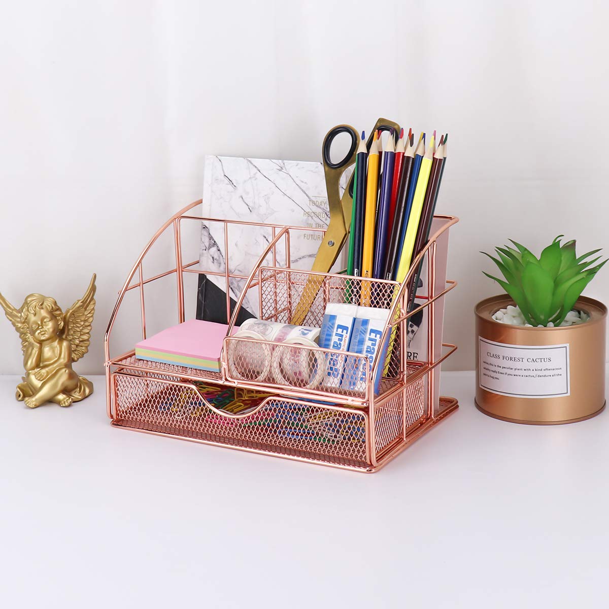Premium Rose Gold Metal Desk Organizer - All-in-One Office Supplies with Drawer, Pen Holder, Sticky Note & Mail Sorter - Perfect for Home Office, Workspace & School Organization