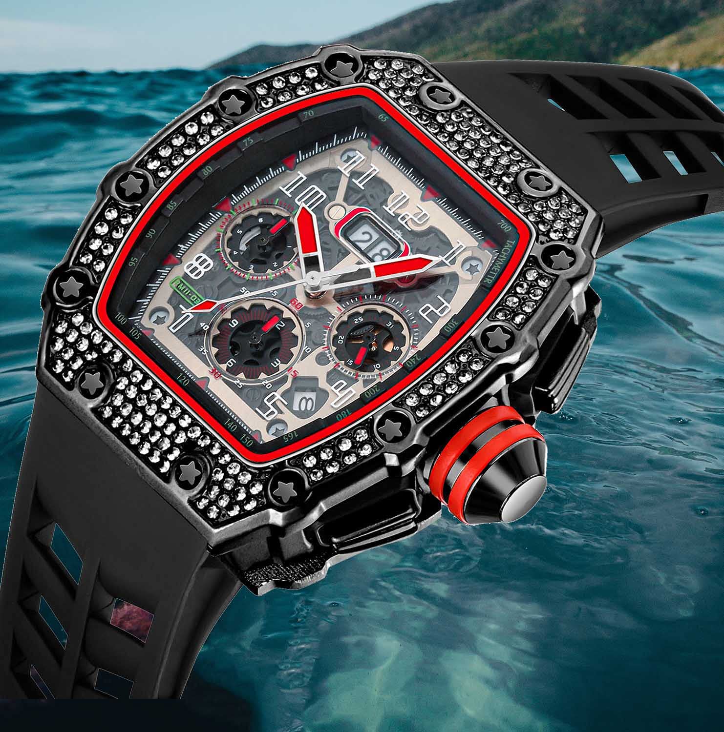 FANMIS Men's Punk Diamond Chronograph Watch - Fashionable Silicone Band Sports Wristwatch for Casual & Party Wear - Perfect for Everyday Use, Gifts, and Special Occasions