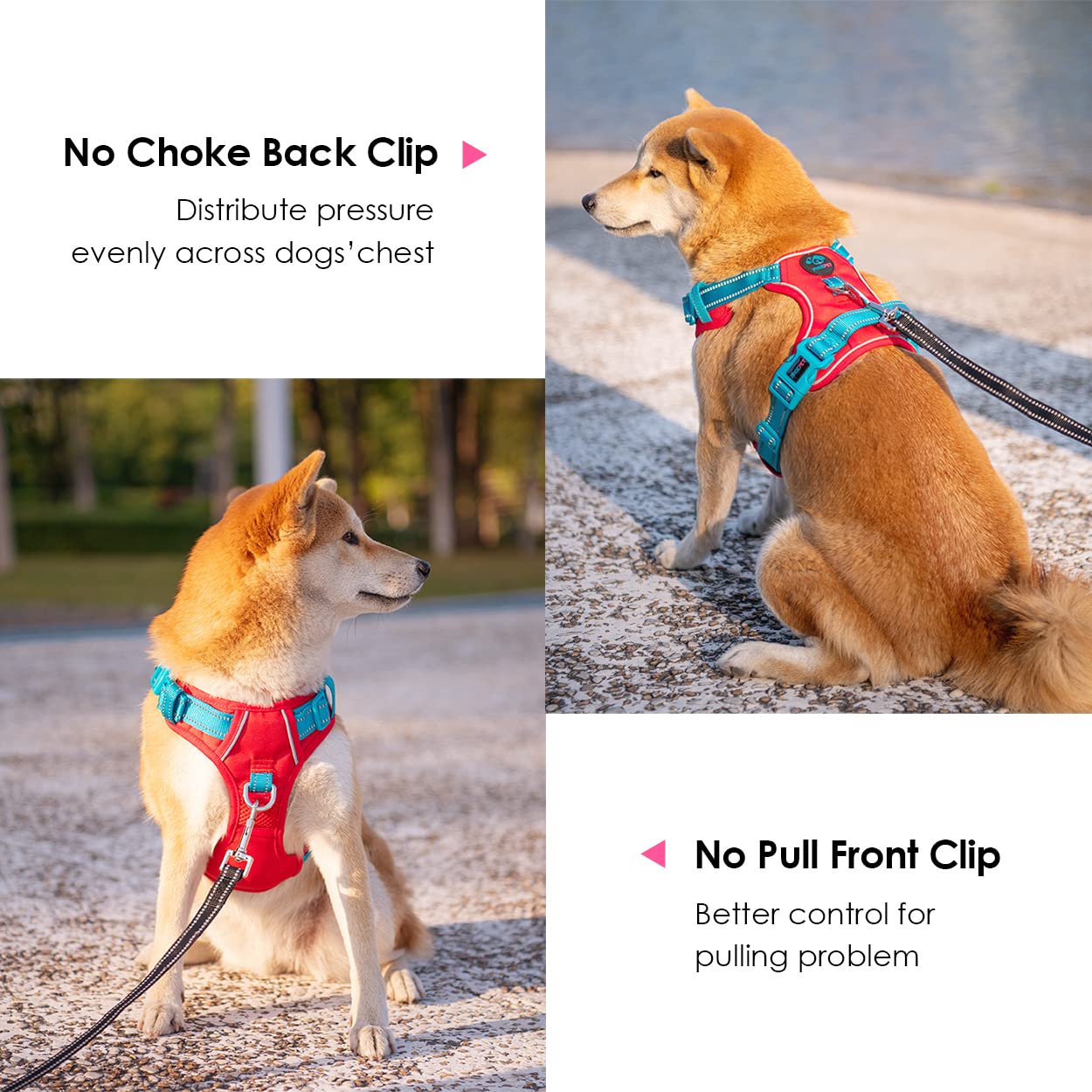 PHOEPET No Pull Dog Harness - Reflective Adjustable Dog Vest with Soft Training Handle & Metal Clips for Small Medium Large Dogs (Red/Teal, Medium) | Perfect for Walking, Training & Nighttime Safety
