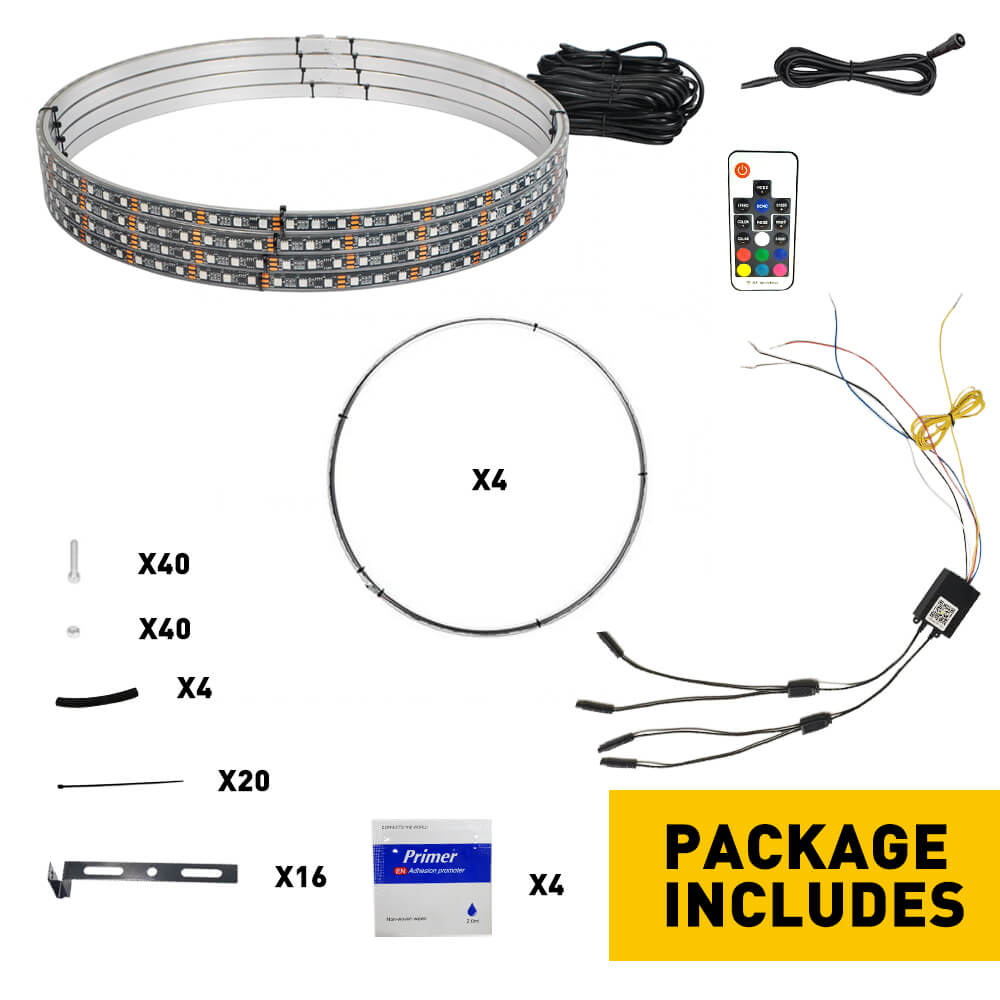 4 Pack 15.5 Inch LED Wheel Ring Lights - RGB Color Changing with Brake, Chase & Turn Signals for Cars & Trucks - APP & Remote Control - Perfect for Off-Roading, Car Shows & Night Cruising