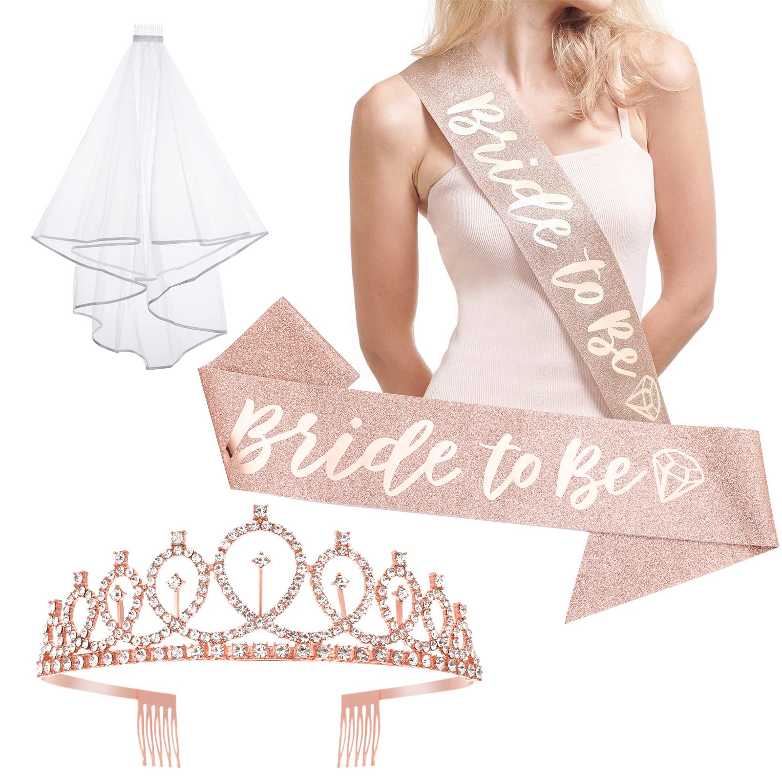 Trosetry 3-Piece Bachelorette Party Decorations Set - Rose Gold 'Bride to Be' Sash, Sparkling Rhinestone Tiara Crown & White Bridal Veil with Comb | Perfect for Bridal Showers, Wedding Parties & Bachelorette Celebrations