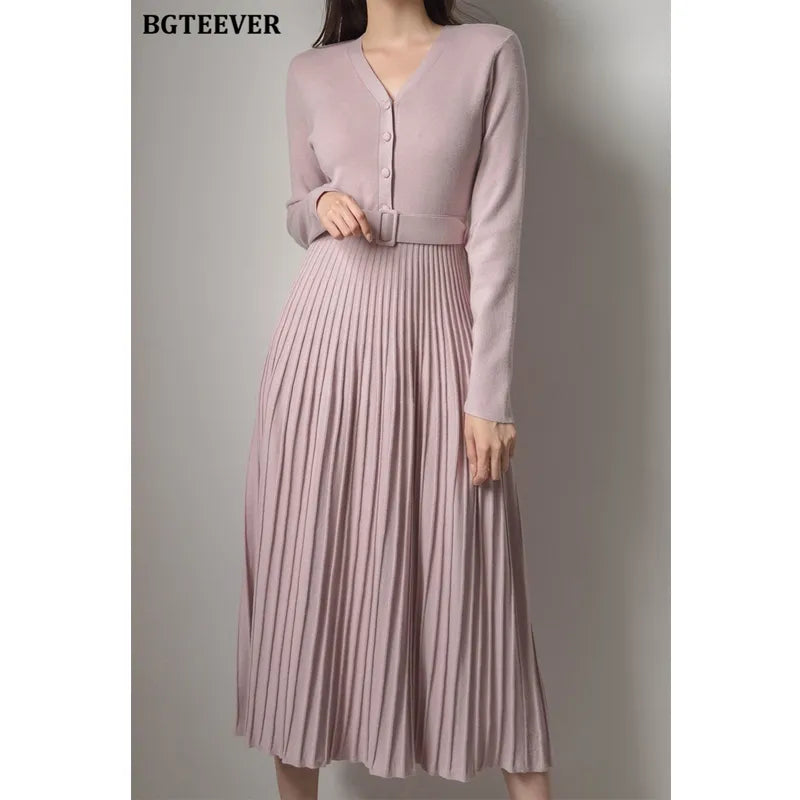 Elegant V-Neck Single-Breasted Women's Thick Knit Sweater Dress with Belt - A-Line Soft Winter Dress for Autumn & Winter 2021 | Perfect for Office, Date Night & Casual Outings
