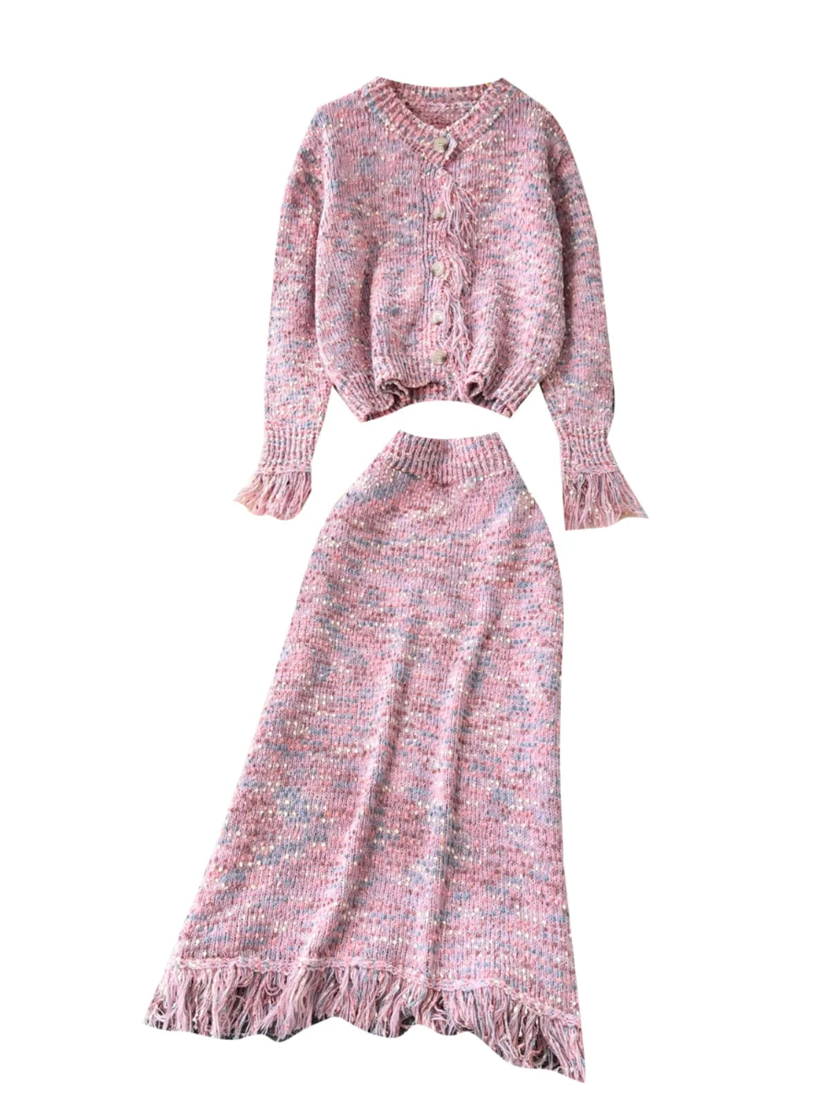 2024 New Women's Autumn Winter Sweet Colorful Elegant Long Sleeve Slim Knit Sweater & High Waist Tassel Skirt 2-Piece Set - Perfect for Office, Date Night and Holiday Parties