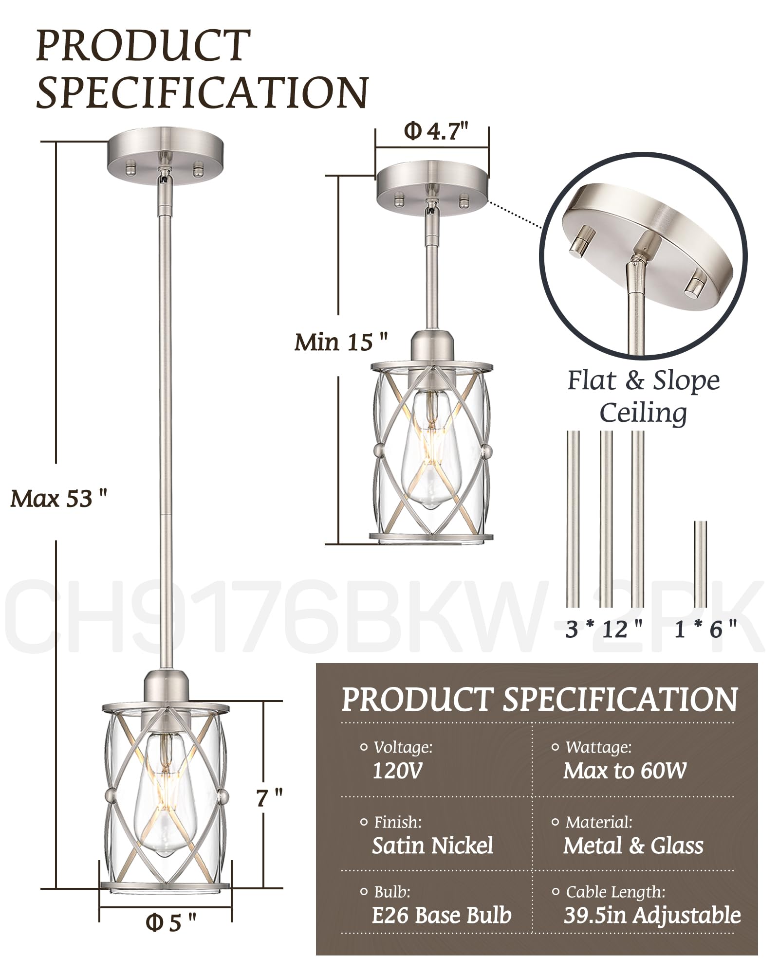 Brushed Nickel Pendant Lights 3 Pack - Modern Glass Kitchen Island Lighting with Adjustable Rod, Mini Hanging Lights for Kitchen Sink, Dining Room, Bar Counter - Perfect for Home, Restaurant, and Cafe Decor (CH9176BN-3PK)