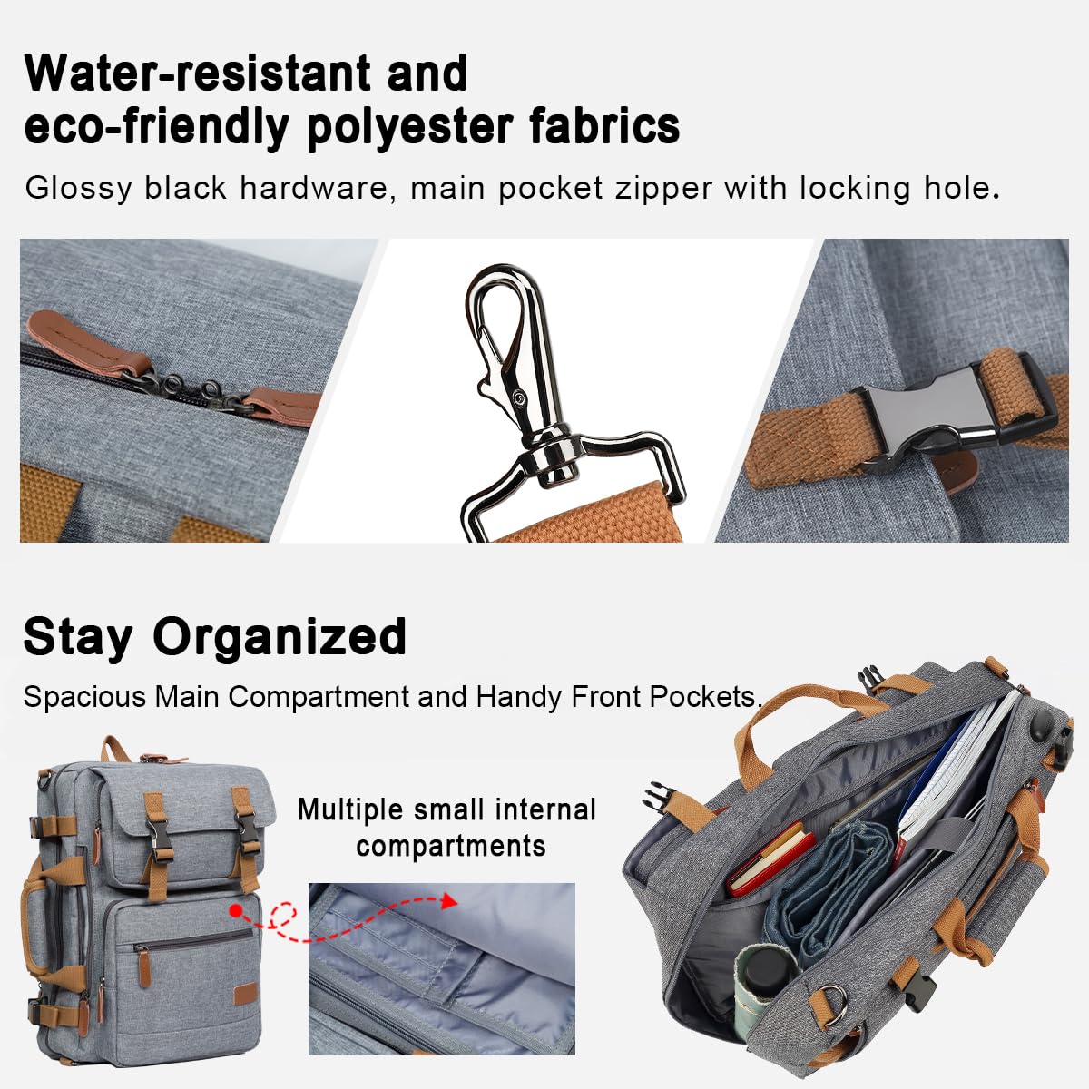 MOLNIA 3 in 1 Laptop Bag for Men & Women, 15.6 Inch Office Work Backpack, Business Briefcase & Messenger Shoulder Bag, Gray - Ideal for Commuting, Travel, and Professional Meetings