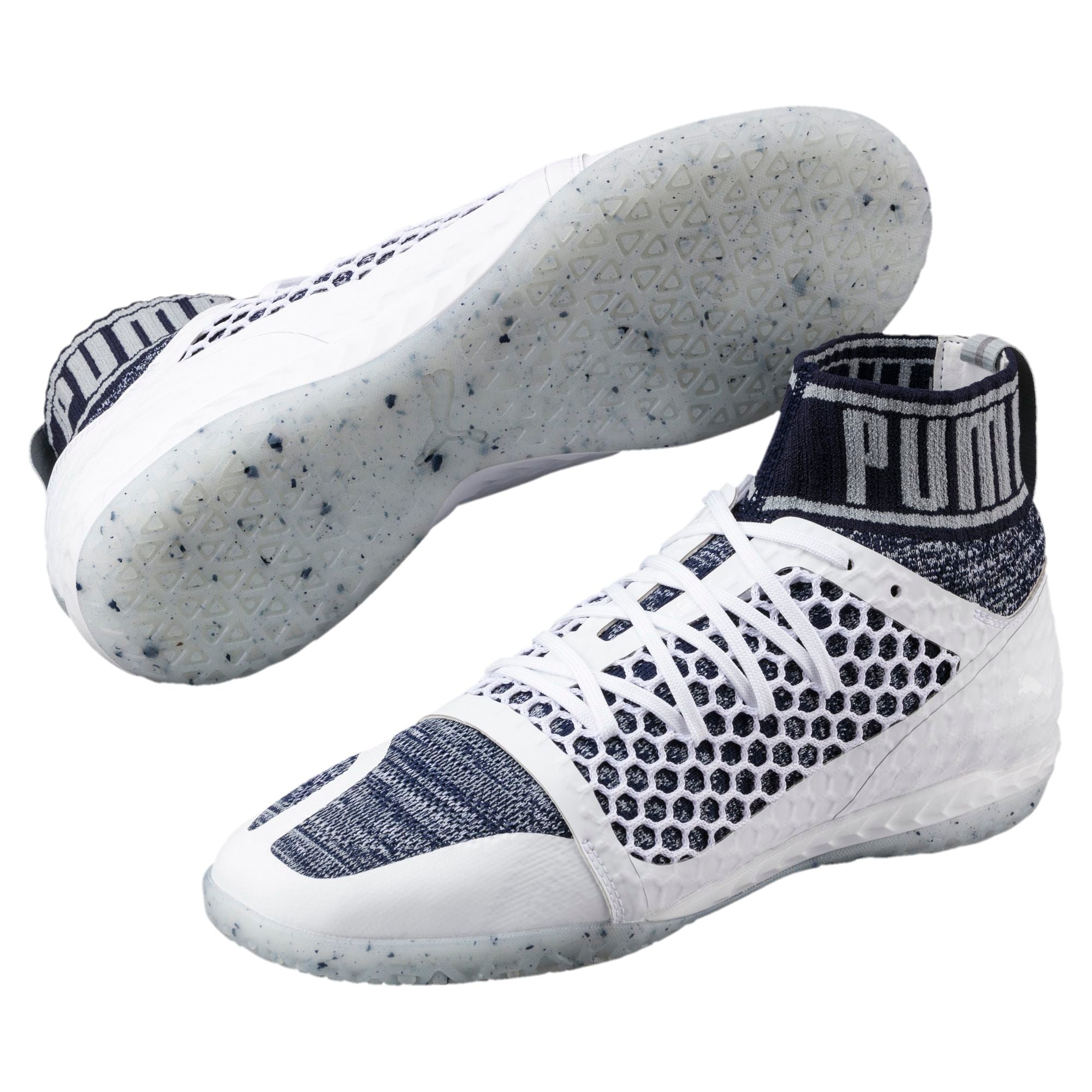 PUMA 365 evoKNIT NETFIT CT Indoor Soccer Shoes for Men - Lightweight Breathable Football Cleats in White Peacoat Quarry - Perfect for Indoor Training & Futsal Matches