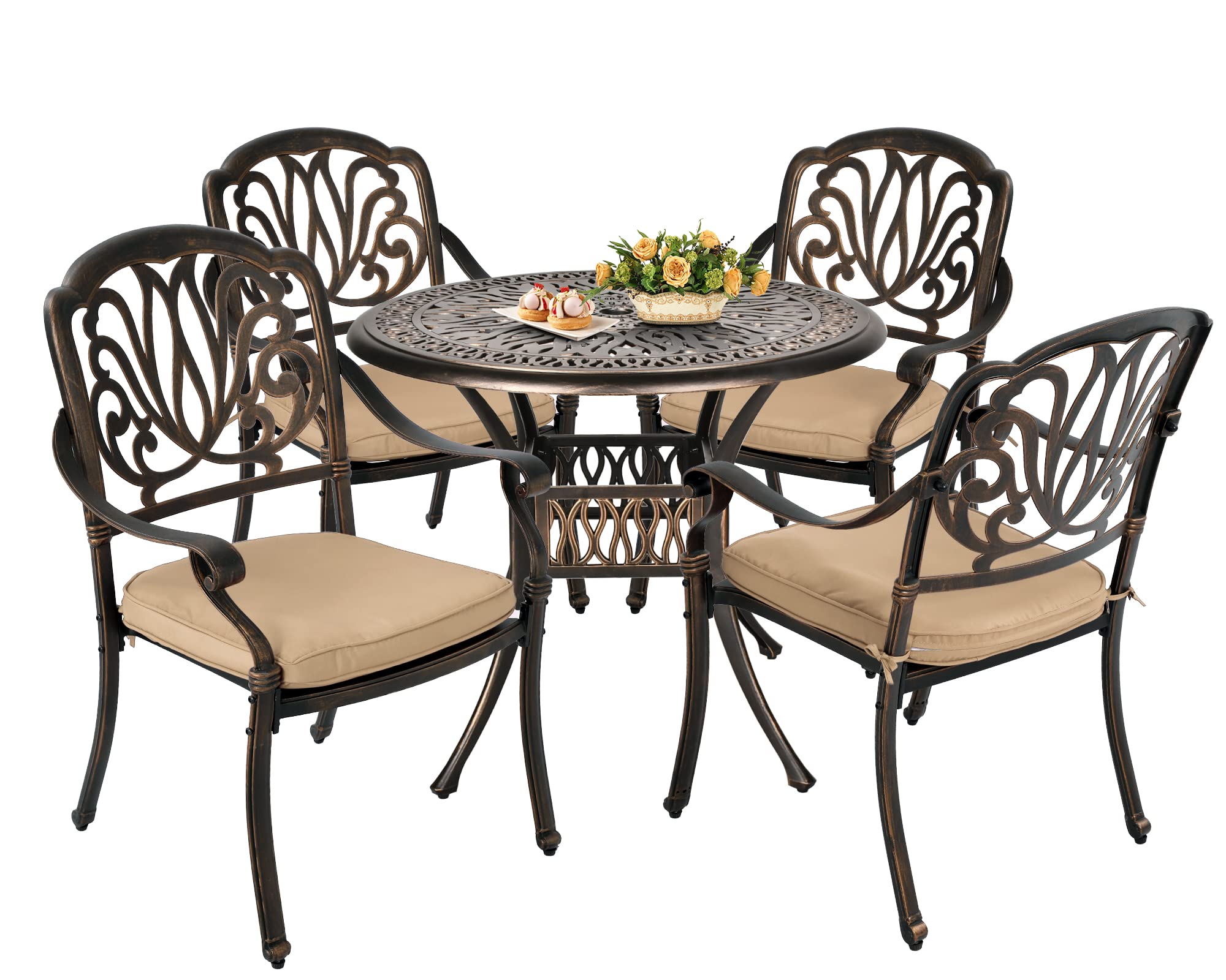 Grepatio 5-Piece Outdoor Dining Set - Durable Cast Aluminum Patio Furniture with 4 Chairs & Umbrella Hole Table - Perfect for Garden, Lawn, Backyard, Poolside & Outdoor Entertaining (Khaki)