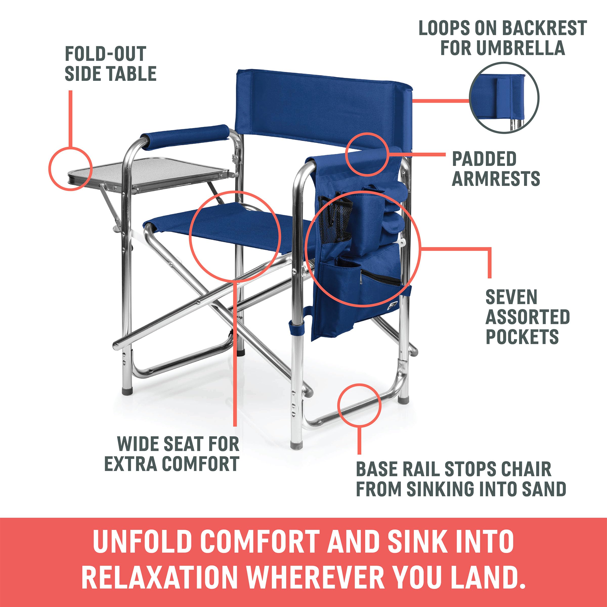 PICNIC TIME Sports Chair with Side Table - Portable Folding Camping Chair for Adults, Beach Chair with Cup Holder - Perfect for Outdoor Activities, Picnics, Camping & Beach Trips (Red)