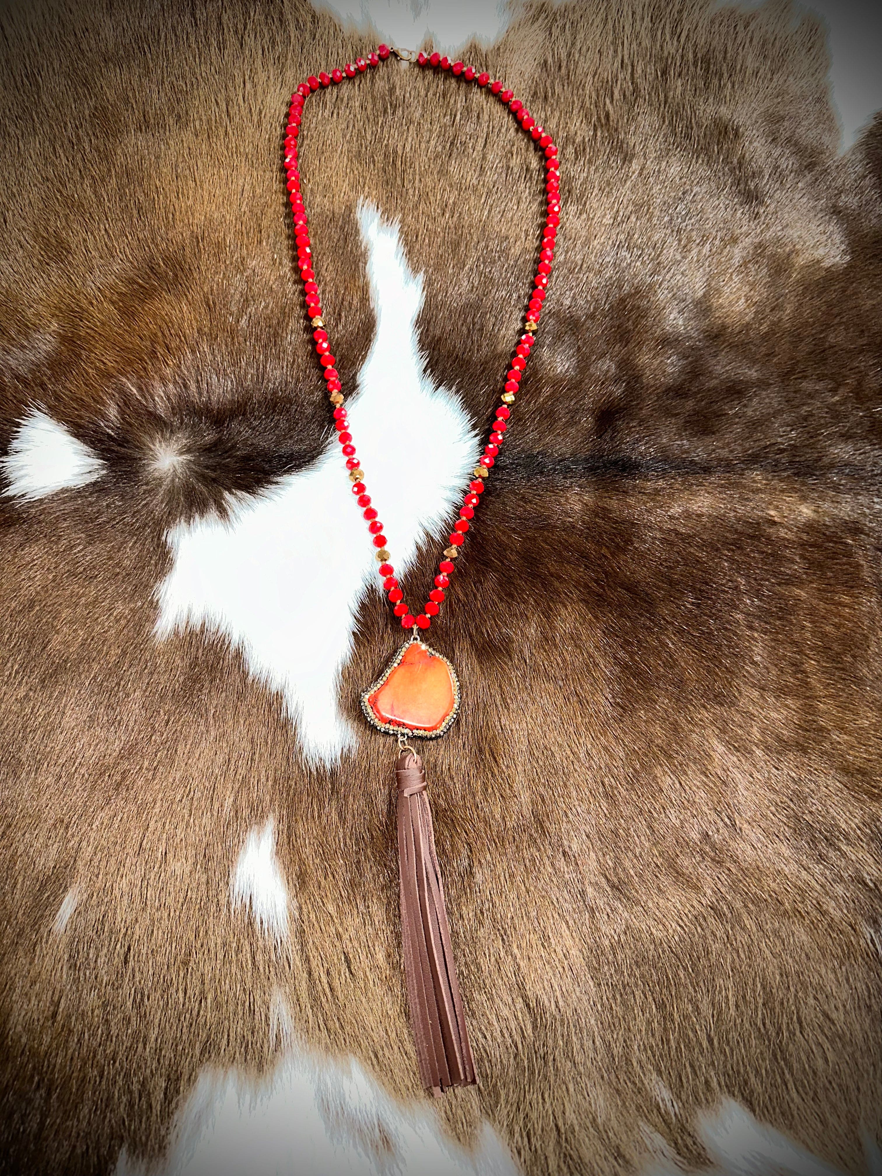 Elegant Red Beaded Necklace with Natural Stone Accents & Genuine Leather Trim - Perfect for Boho Chic Outfits, Date Nights & Special Occasions