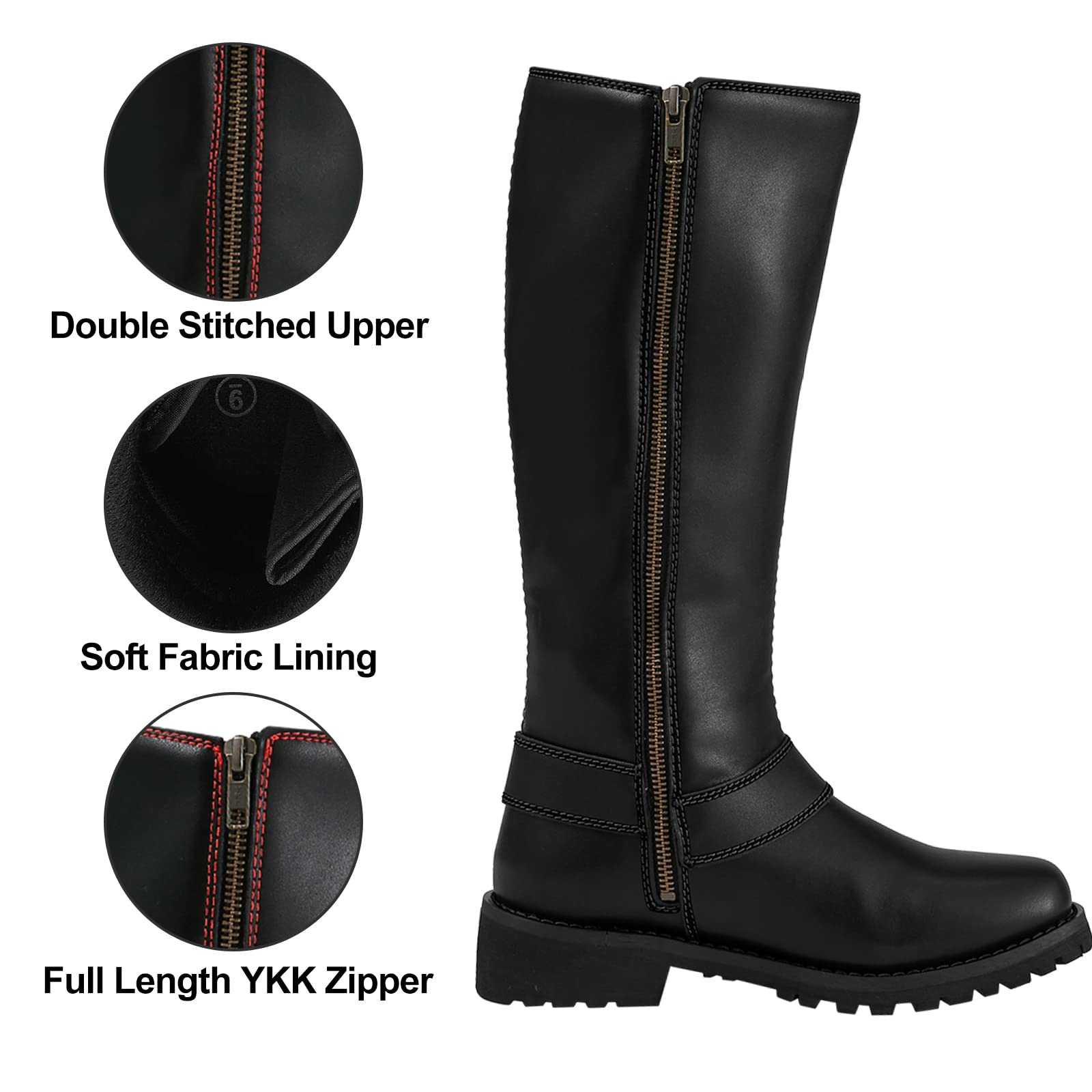Dream Apparel Women's Motorcycle Riding Boots - Black PU Leather Biker Boots with Square Toe, Lace Up & Side Zipper - Knee High Boots for Harley Davidson & Cruiser Riding, Fashion & Outdoor Activities
