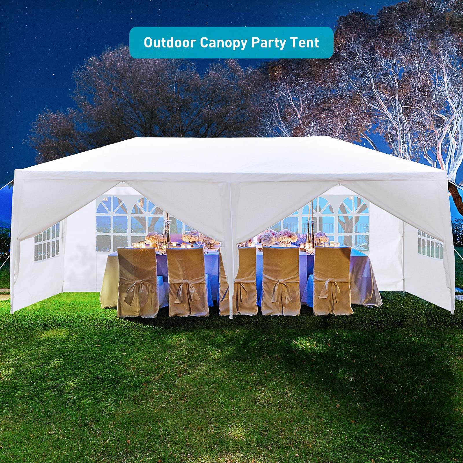 BNSPLY 10x20 FT White Outdoor Party Tent - Large Wedding & Birthday Canopy with 6 Removable Sidewalls & Transparent Windows - Perfect for Garden Events, Backyard Parties, Patio Gatherings and Outdoor Celebrations