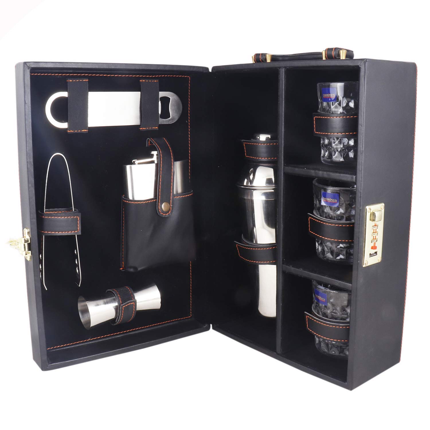 Kidoyzz Premium Portable Leatherette Briefcase Bar Set - 12-Piece Travel Cocktail Kit with Whiskey Glasses, Shaker & Tools | Perfect for Picnics, Camping & Home Entertaining