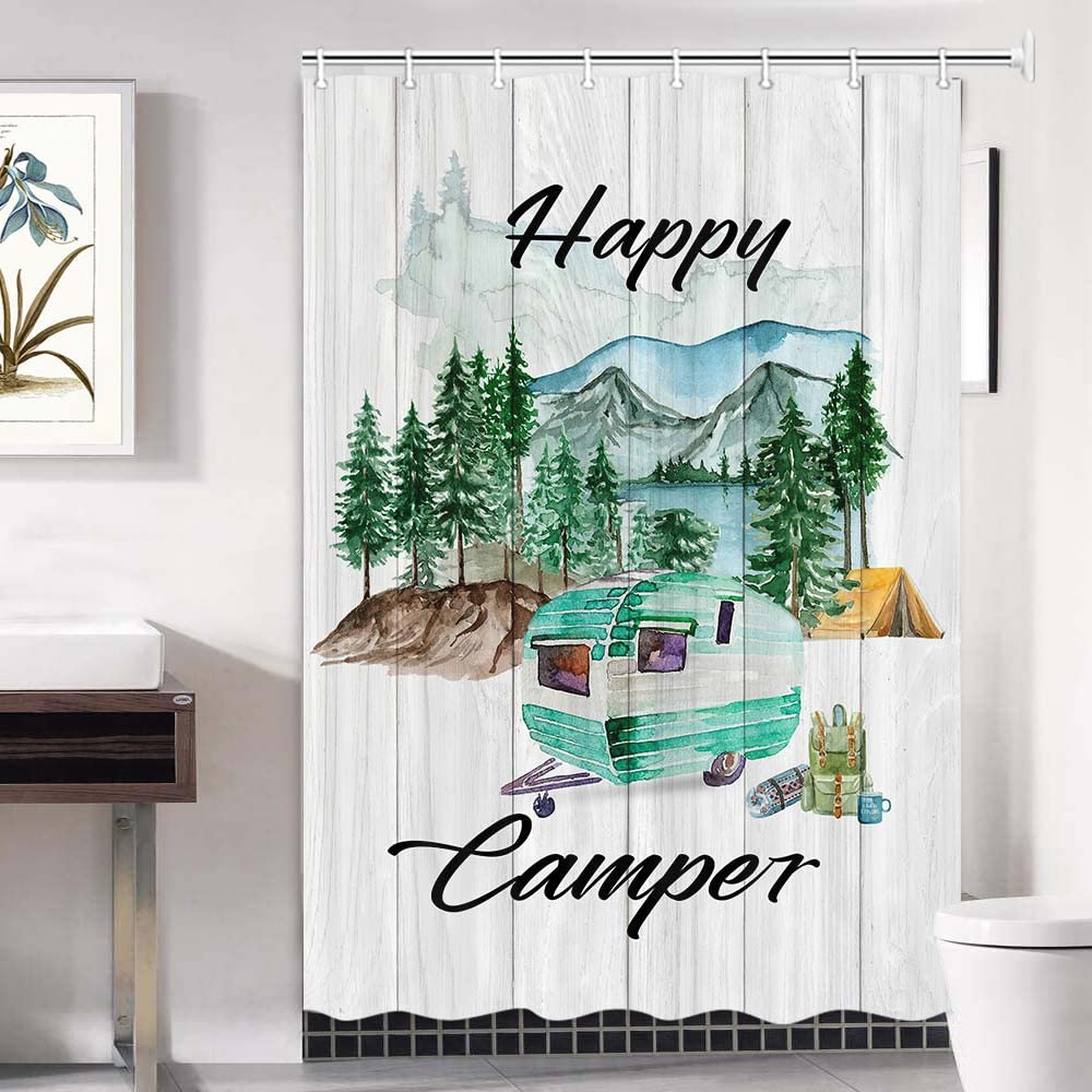 Happy Camper RV Shower Curtain - Mountain Forest Green with Trailer Design on Wooden Board, 36x72 Inch Camping Themed Bath Curtain for Adventurers, Narrow Fabric Camper Shower Curtain with Hooks - Perfect for RV Bathrooms, Tiny Homes & Outdoor Enthusiasts