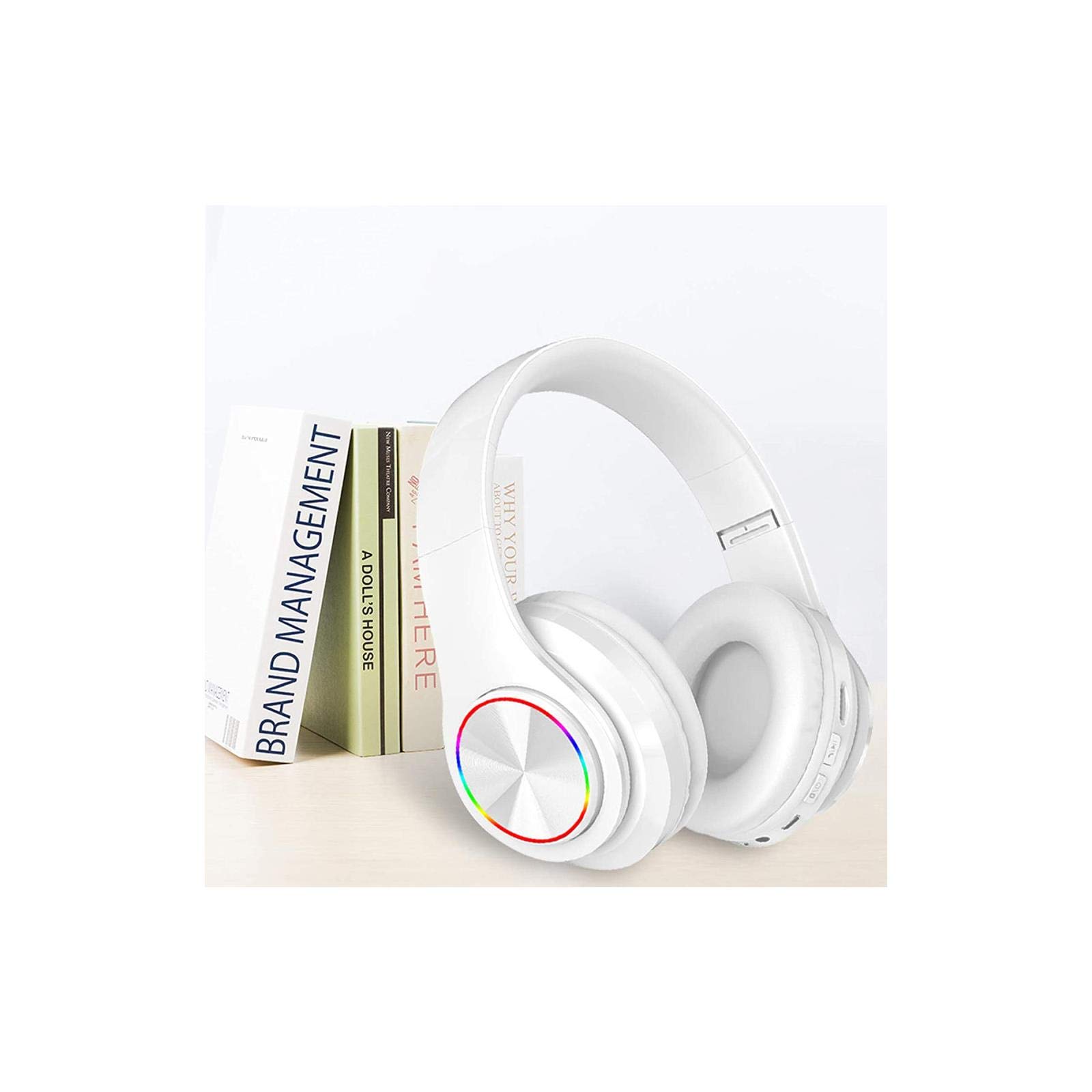 Wireless Bluetooth Over-Ear Headphones with Deep Bass, Colorful LED Lights & Built-in Mic - Lightweight Foldable HiFi Stereo Headset for Kids & Adults - Perfect for School, Classroom, Home, Travel, Office, PC & Smartphone Use - White