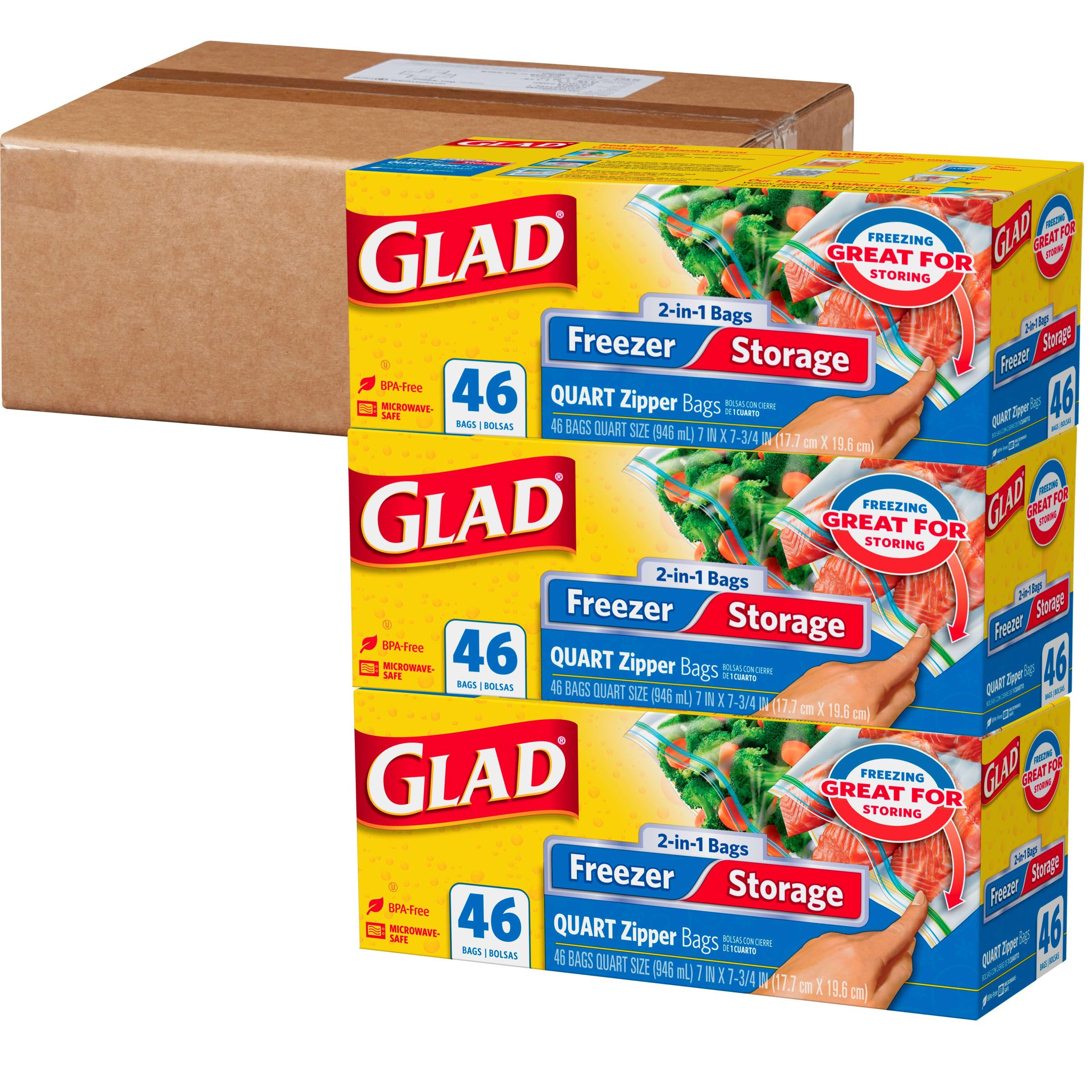 Glad 2-in-1 Food Storage & Freezer Zipper Bags - 46 Quart Size Bags (Pack of 3) - Airtight Seal for Meal Prep, Leftovers & Freezing - Perfect for Home Kitchen, Camping & Office Lunches