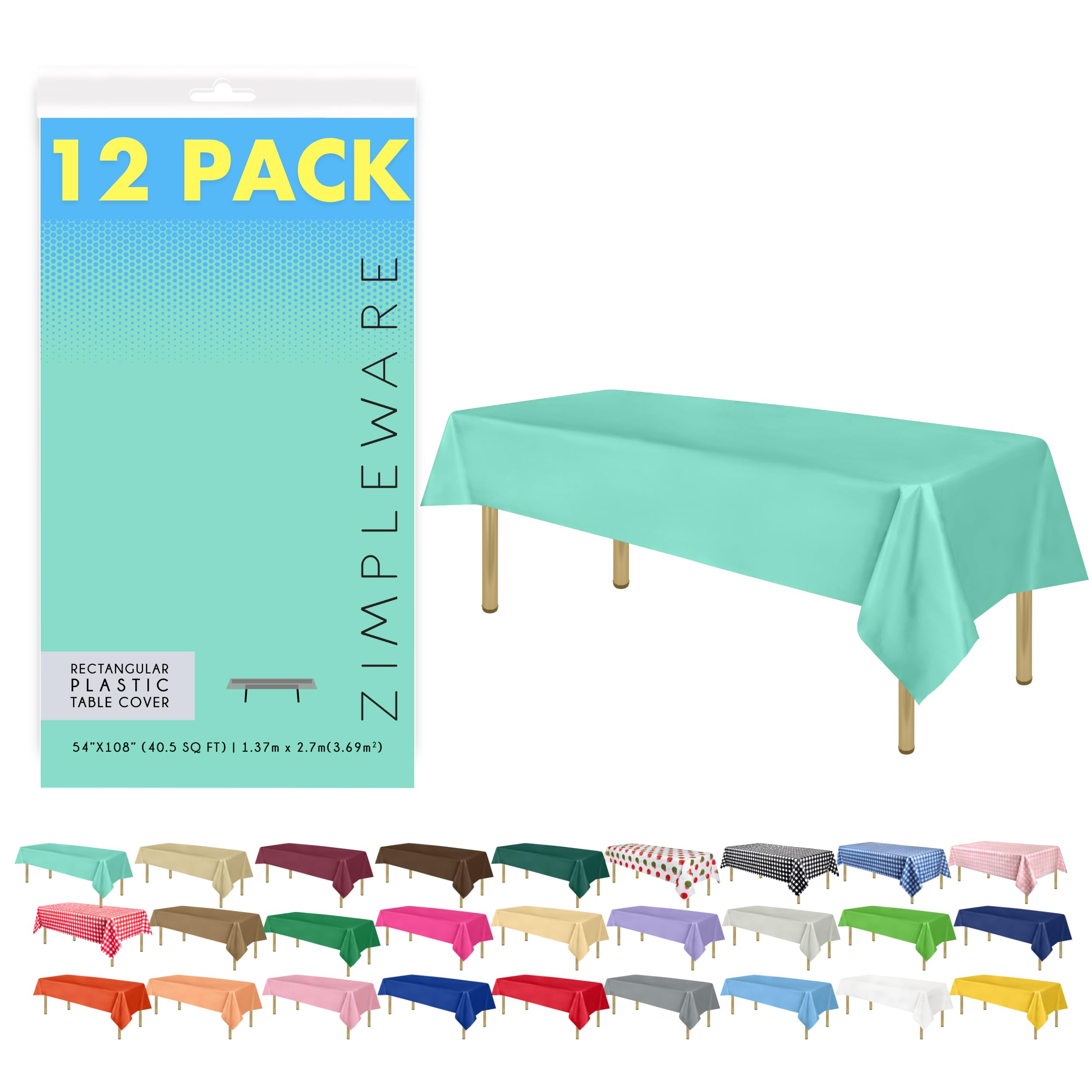 Premium Disposable Plastic Tablecloth - 12 Pack Aqua Blue Rectangle Table Cover (54x108 Inches) for 6-8ft Tables - Waterproof & Wrinkle-Free Party, Picnic, BBQ & Event Decor
