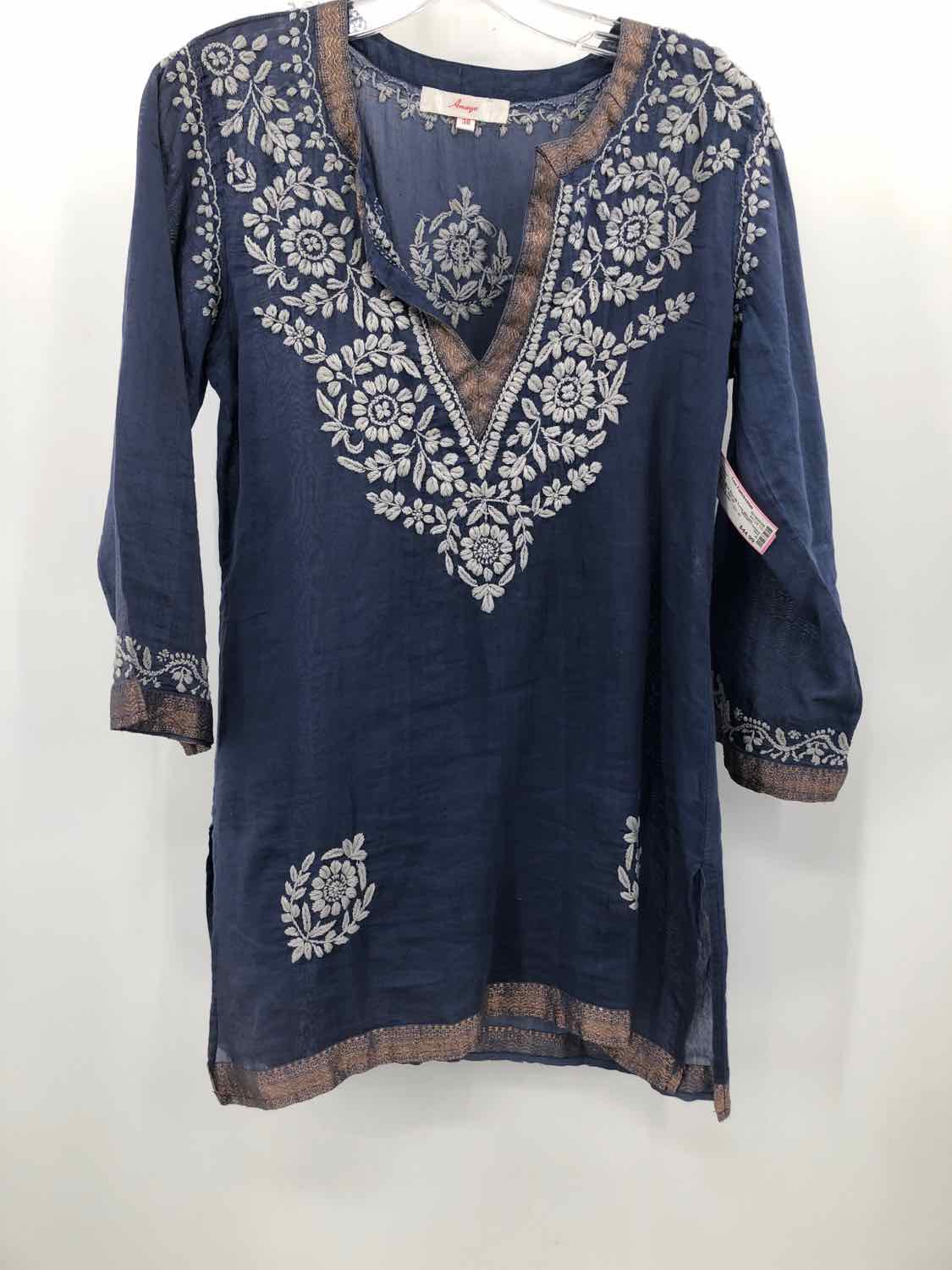 Vintage Amaya Blue Size 38 Tunic Blouse - Women's Boho Chic Top for Casual Wear, Office & Special Occasions