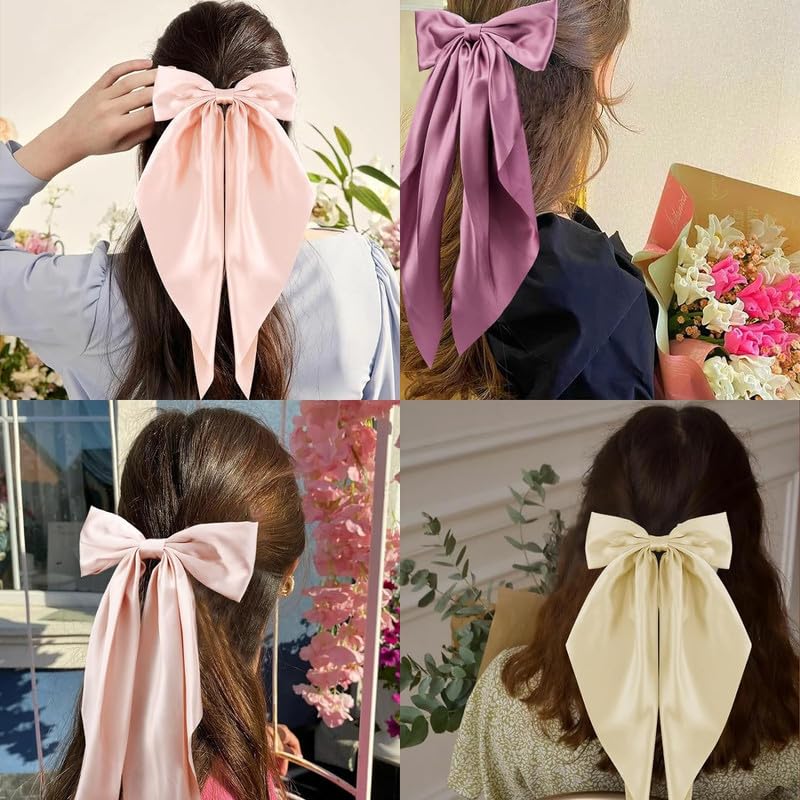 BELICIA 3PCS Satin Hair Bows for Women & Girls - Black White Soft Hair Barrettes with Long Tail - Elegant Bowknot Hair Clips for Parties, Weddings & Daily Styling (Multicolor)
