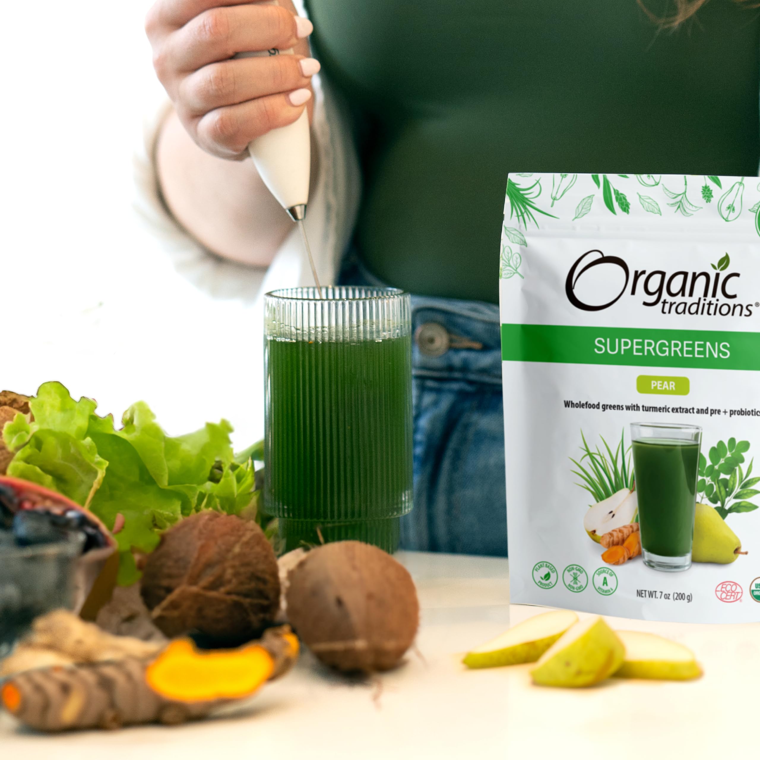Organic Traditions Super Greens Powder with Turmeric & Pear Flavor - 200g (7oz) | Antioxidant-Rich Superfood Blend for Smoothies, Juices & Daily Wellness Boost | USDA Certified Organic Greens Supplement