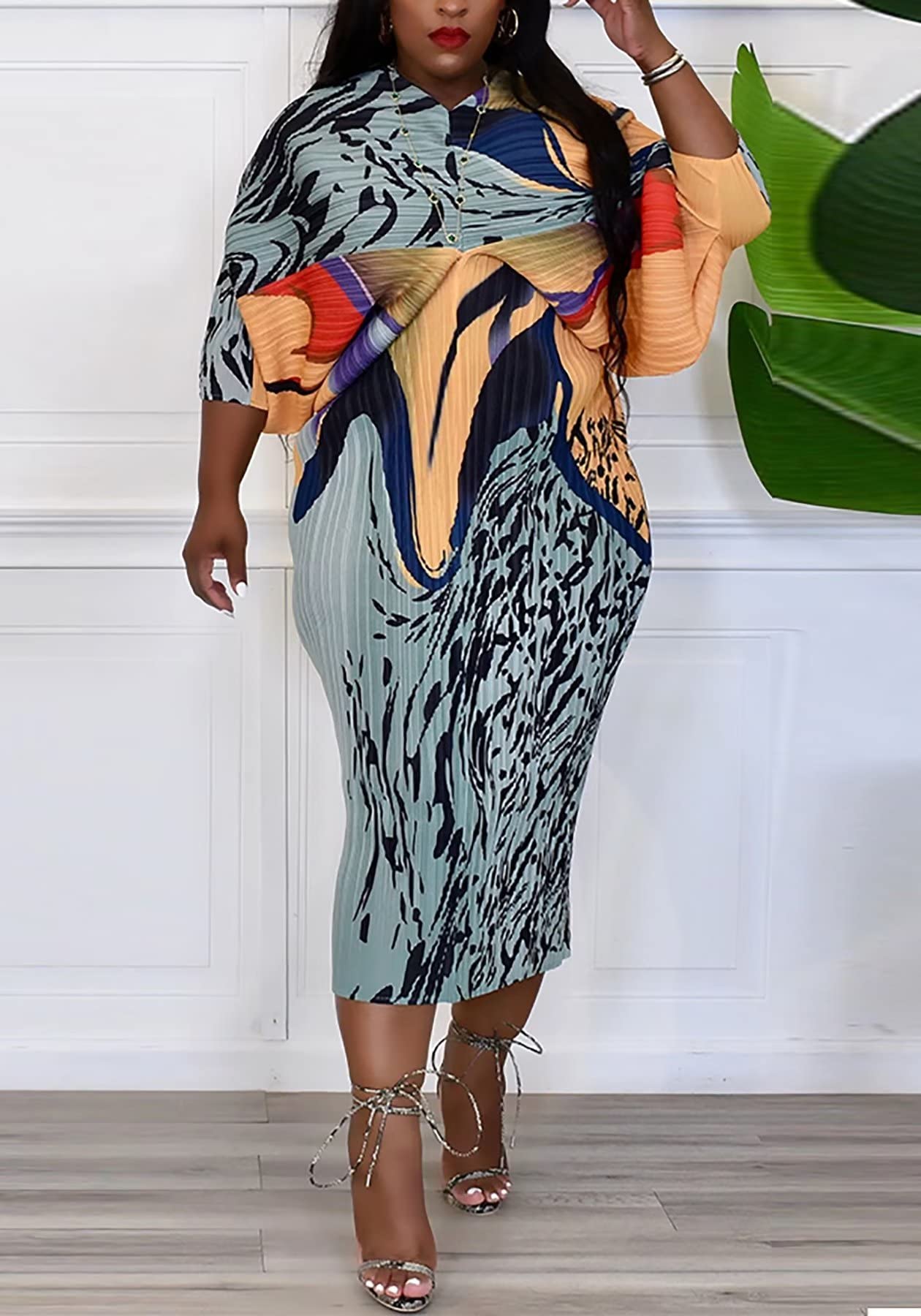 Stylish African Print Midi Dress for Women - Floral V-Neck Pleated Maxi Dress Plus Size | Perfect for Parties, Weddings & Casual Outings