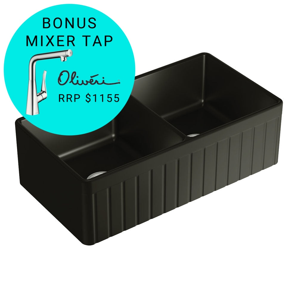 Fienza 68709 Benson Double Butler Sink in Matte Black - Premium Stainless Steel Kitchen Sink for Modern Farmhouse & Luxury Home Renovations (Perfect for Busy Kitchens & Entertaining Guests)